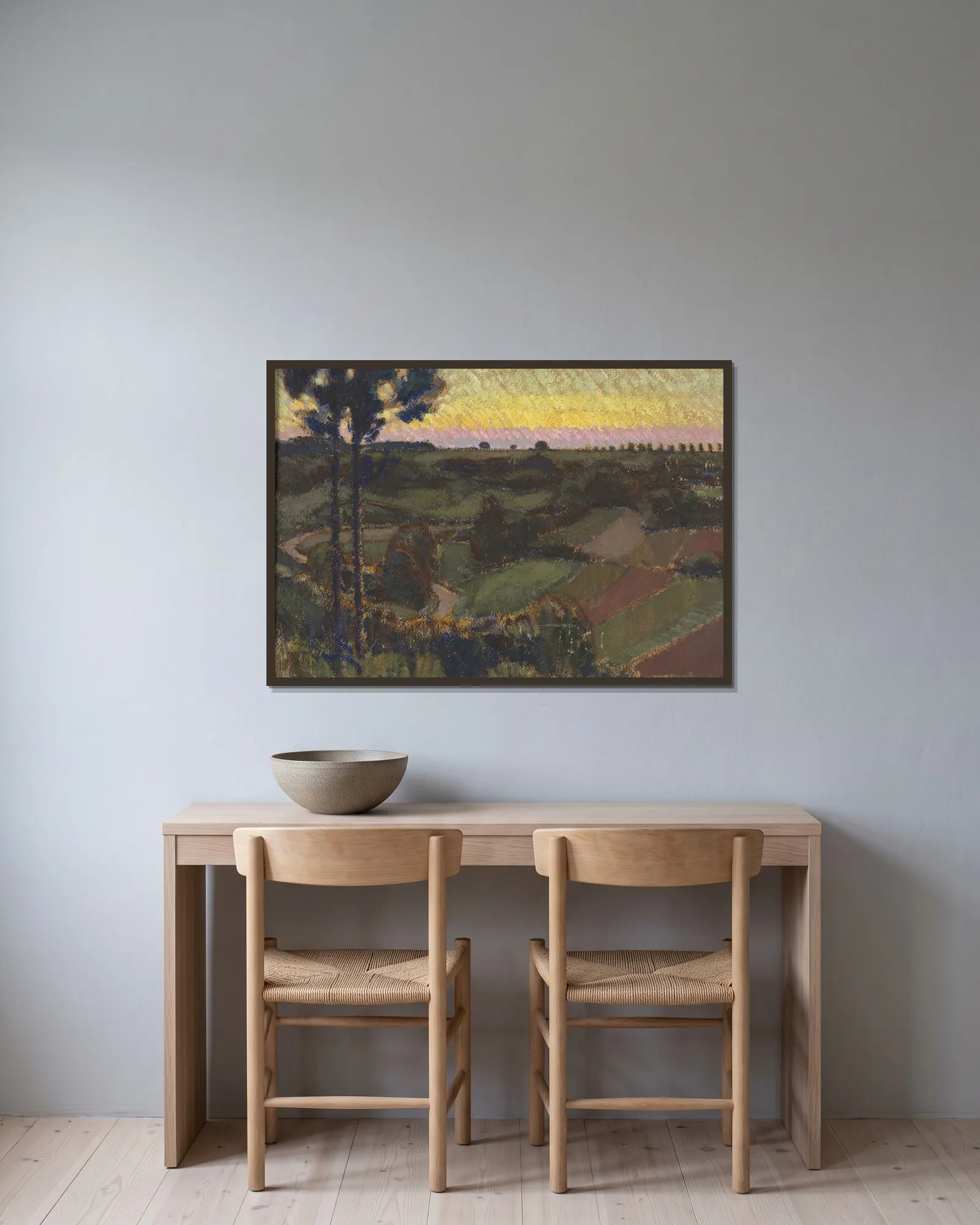 Environs de Némours, crépuscule av Bernard Boutet de Monvel inramad på en vägg