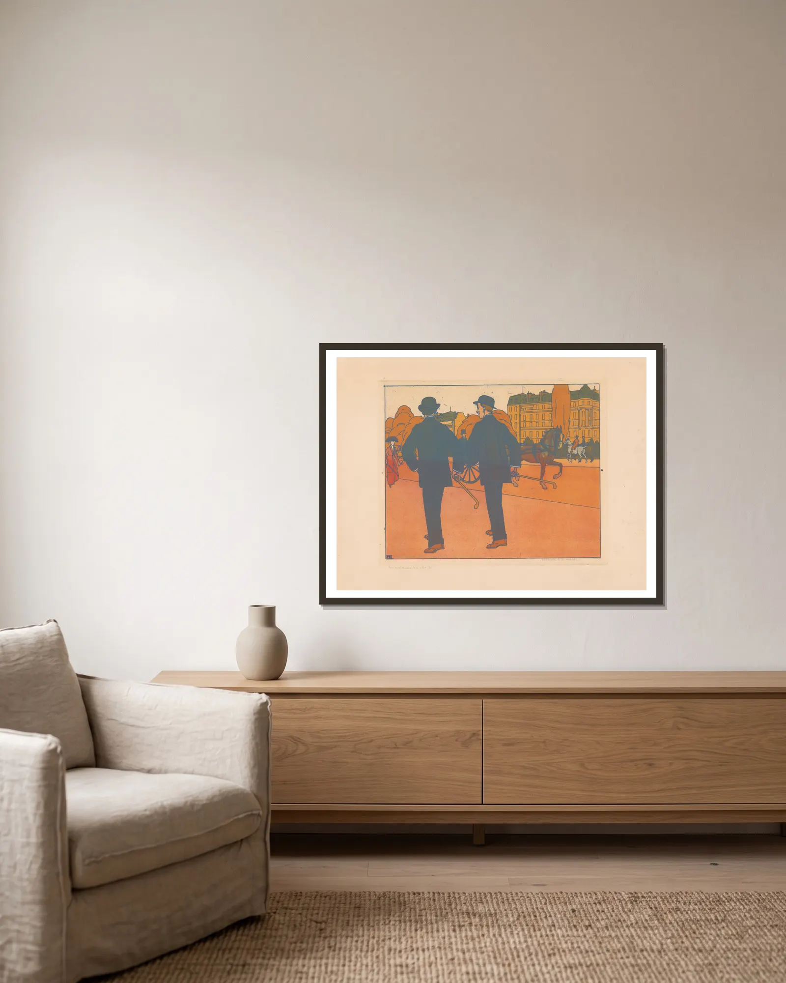 Les Marcheurs (20th century) av Bernard Boutet de Monvel inramad på en vägg
