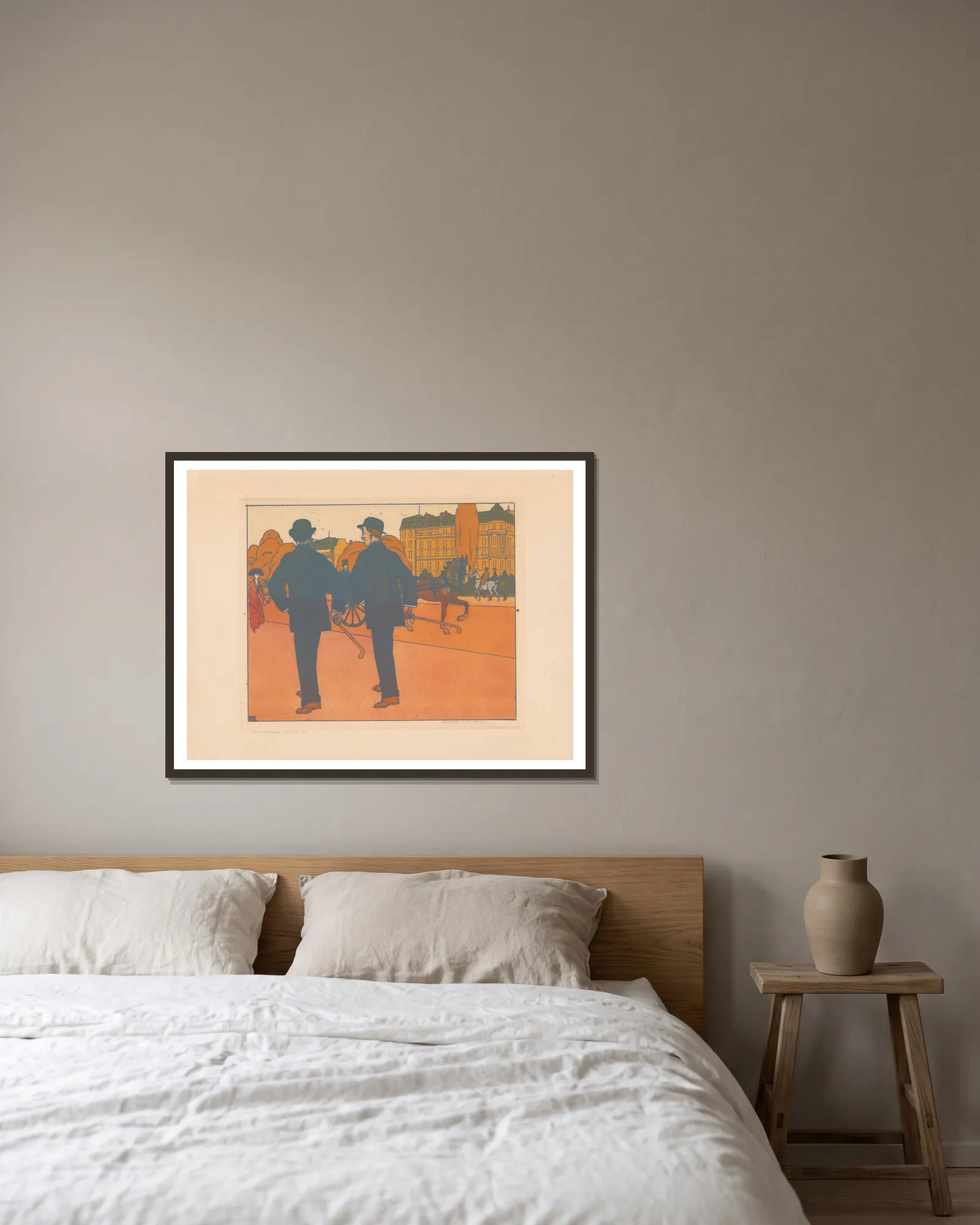 Les Marcheurs (20th century) av Bernard Boutet de Monvel inramad på en vägg