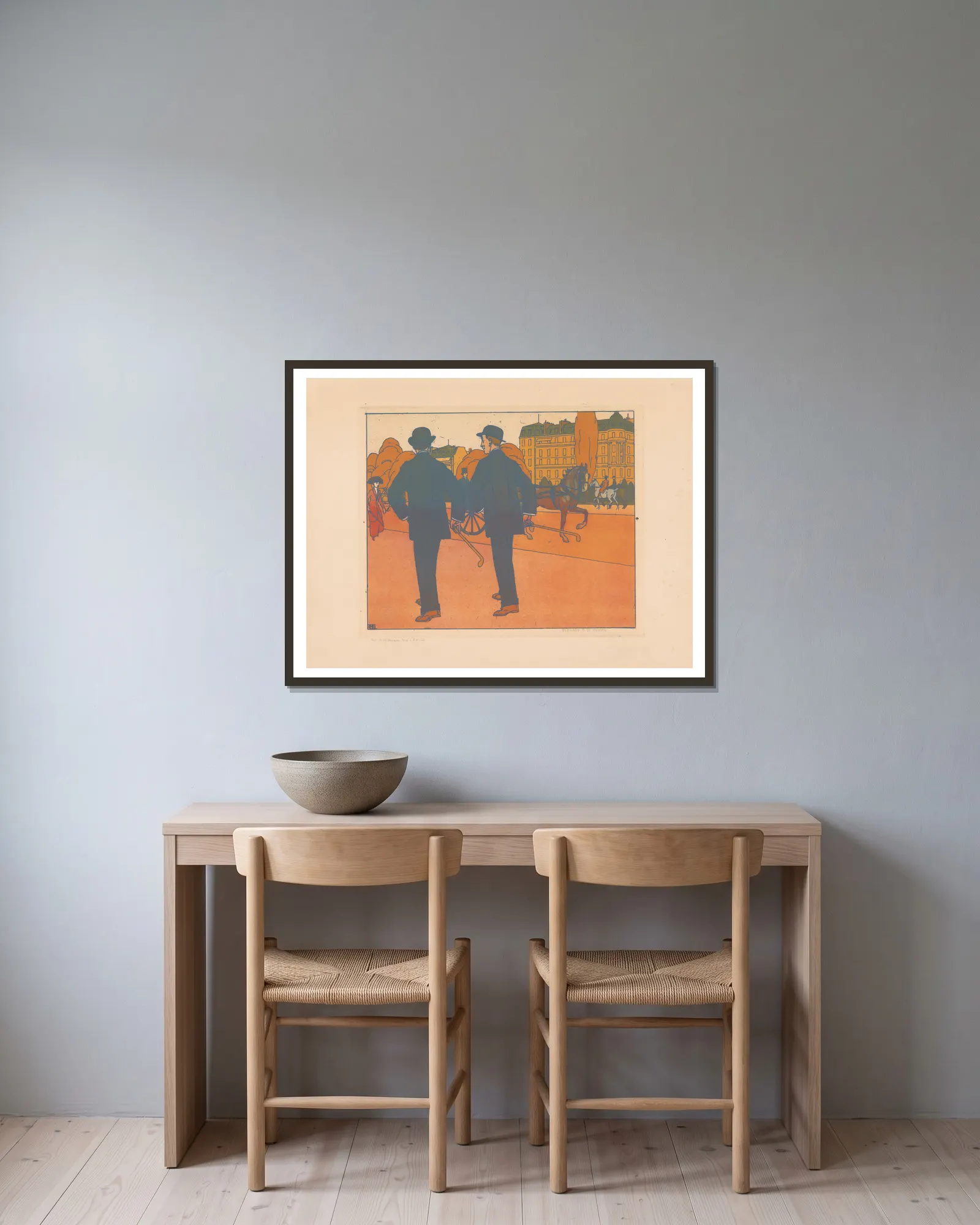 Les Marcheurs (20th century) av Bernard Boutet de Monvel inramad på en vägg