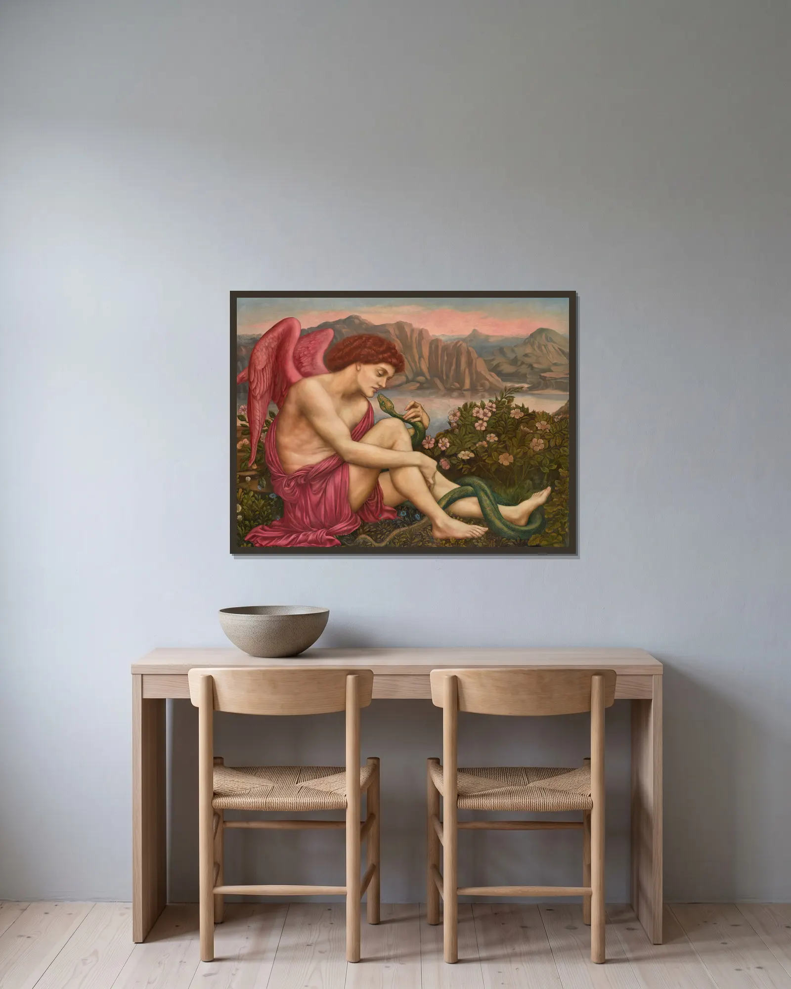 The Angel With The Serpent av Evelyn De Morgan inramad på en vägg