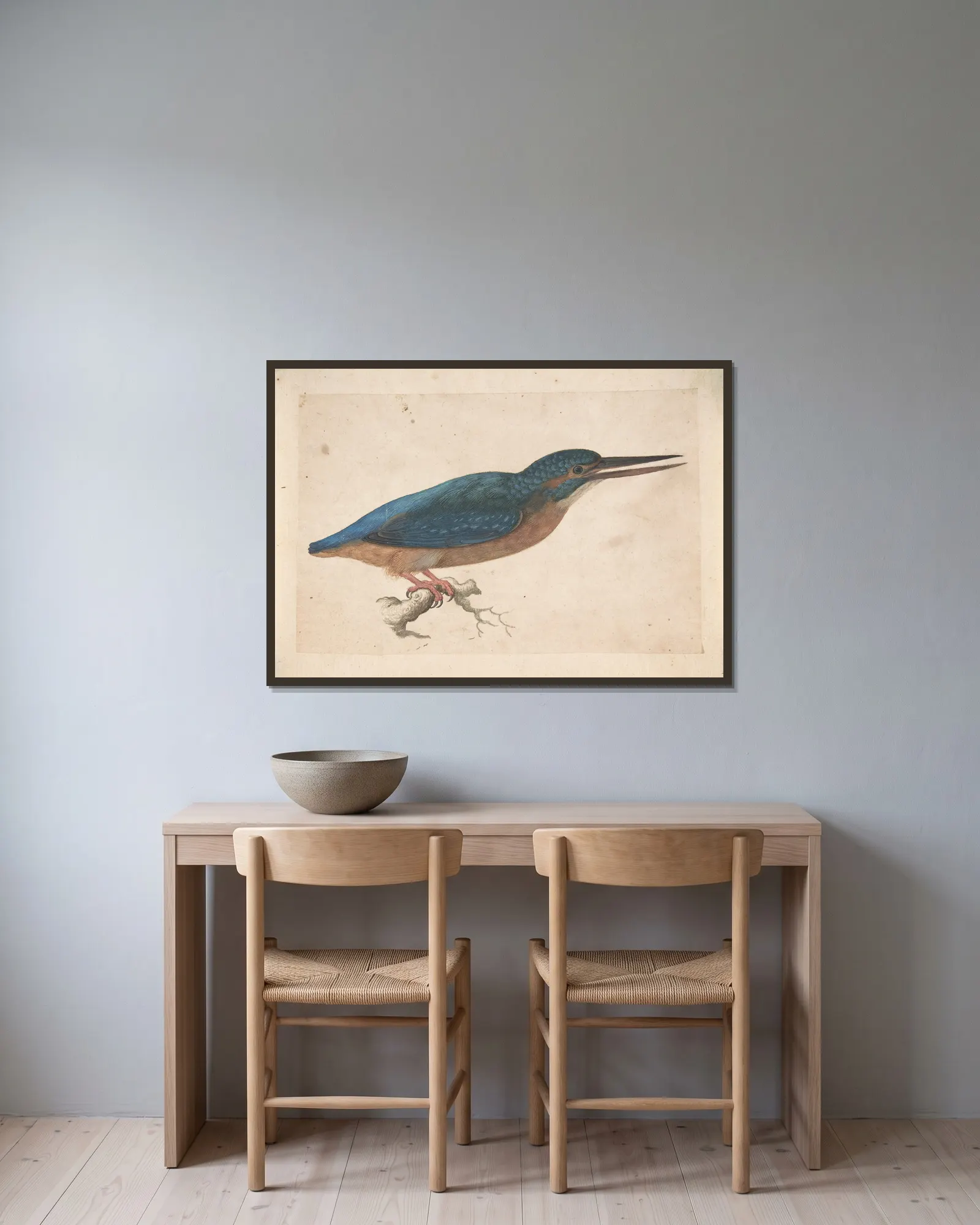 A Kingfisher on a Branch av Jacques Le Moyne de Morgues inramad på en vägg