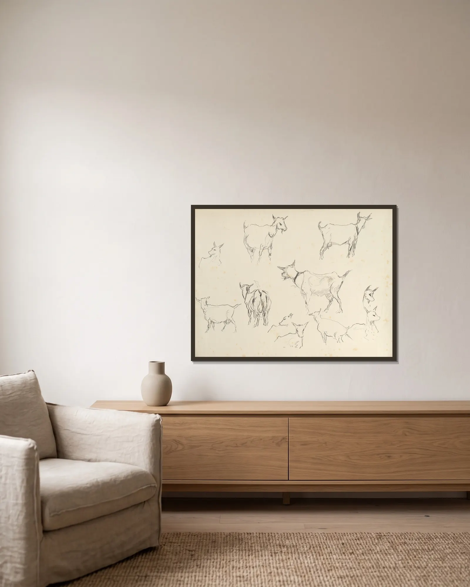 Goats (study) (20th century) av Rodolphe De Saegher inramad på en vägg