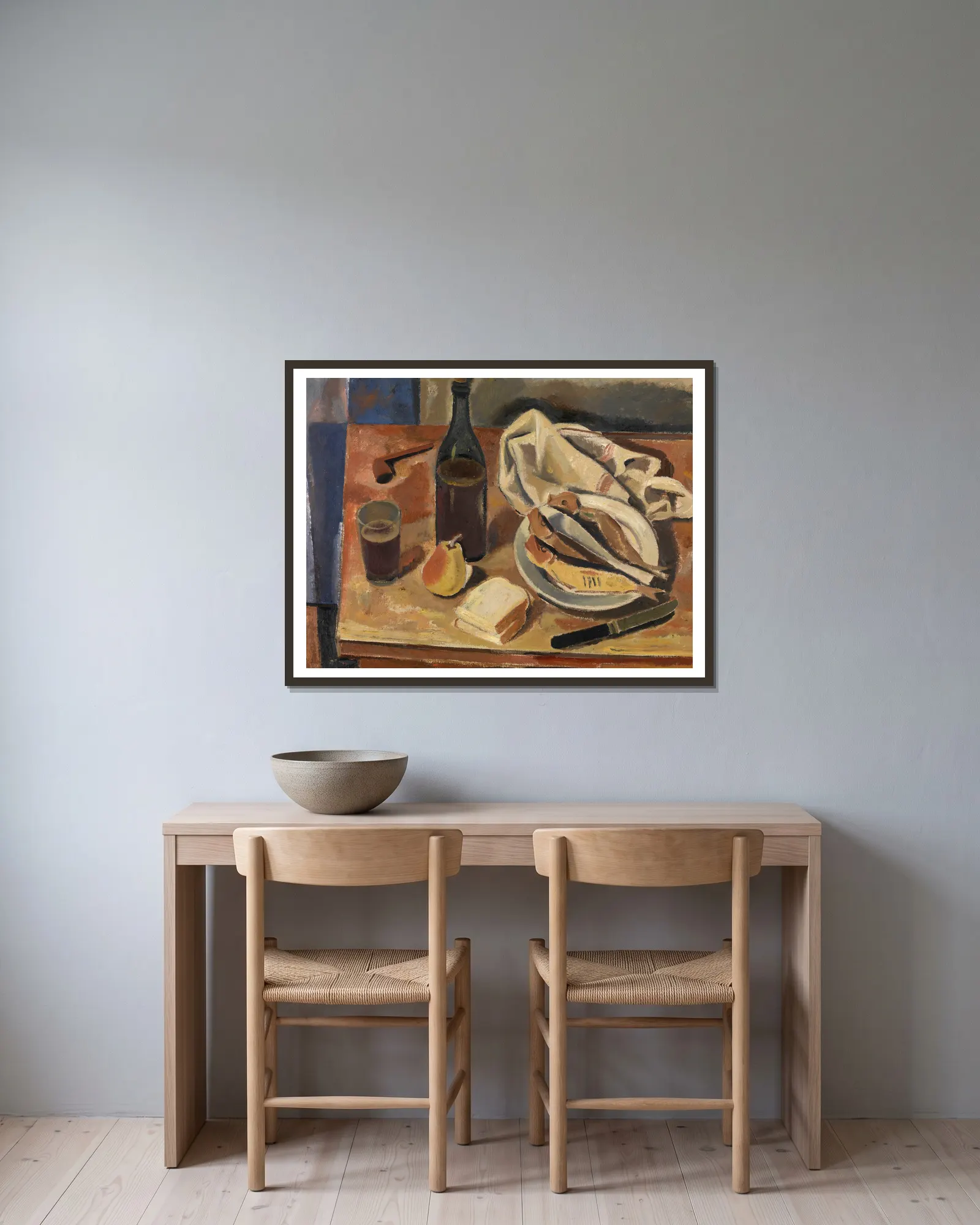 Still Life with Herring av Gustave De Smet inramad på en vägg