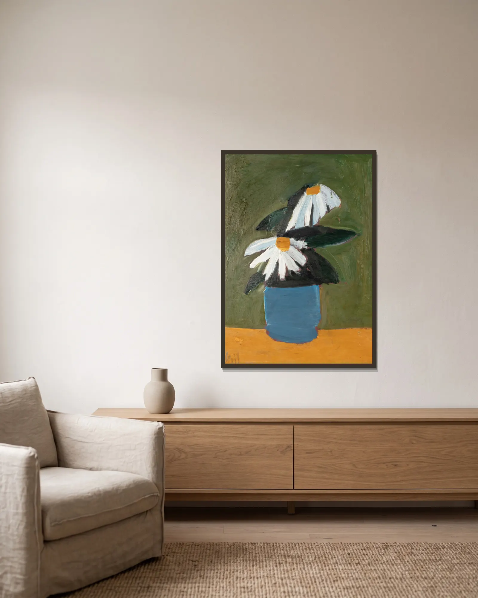 Fleurs au pot bleu av Nicolas De Staël inramad på en vägg