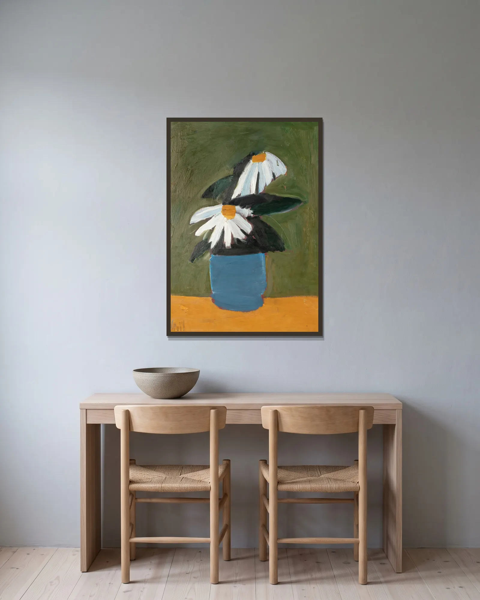 Fleurs au pot bleu av Nicolas De Staël inramad på en vägg