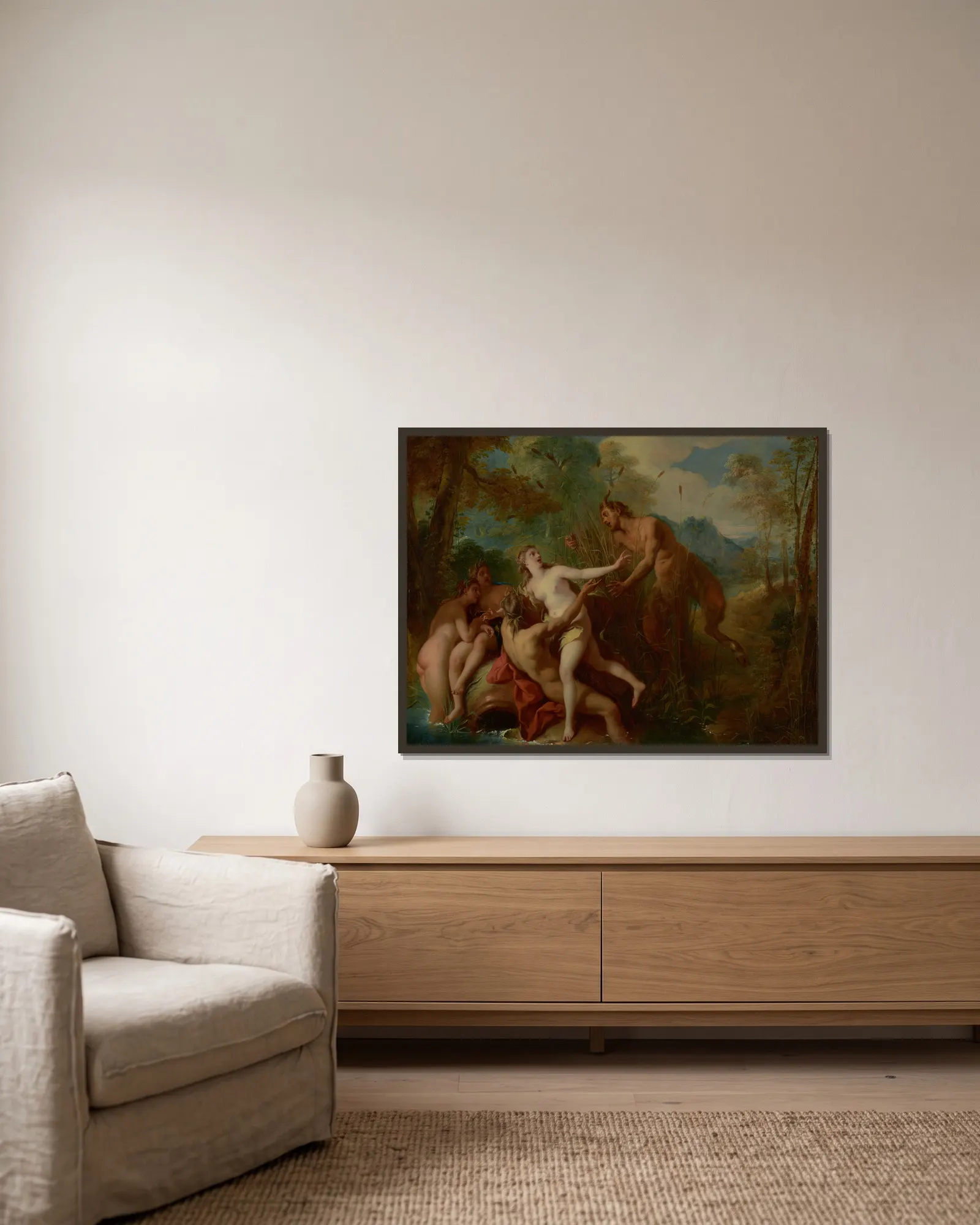 Pan and Syrinx av Jean-François de Troy inramad på en vägg
