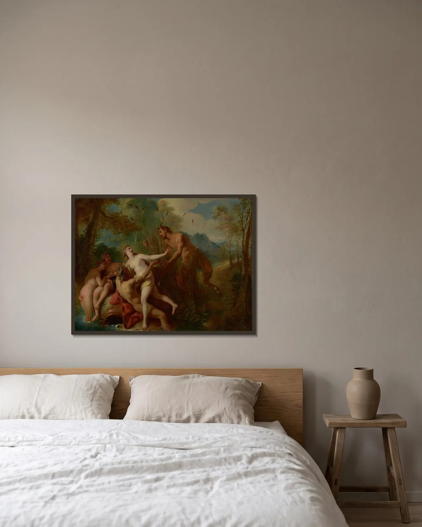 Pan and Syrinx av Jean-François de Troy inramad på en vägg