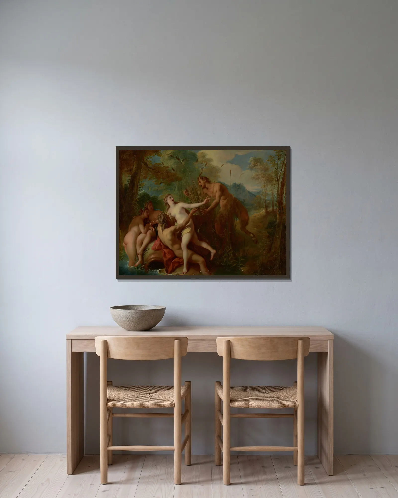 Pan and Syrinx av Jean-François de Troy inramad på en vägg
