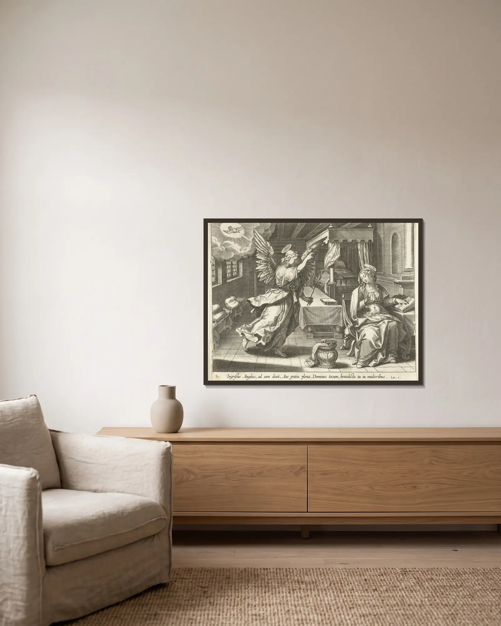 Annunciation av Maerten De Vos inramad på en vägg