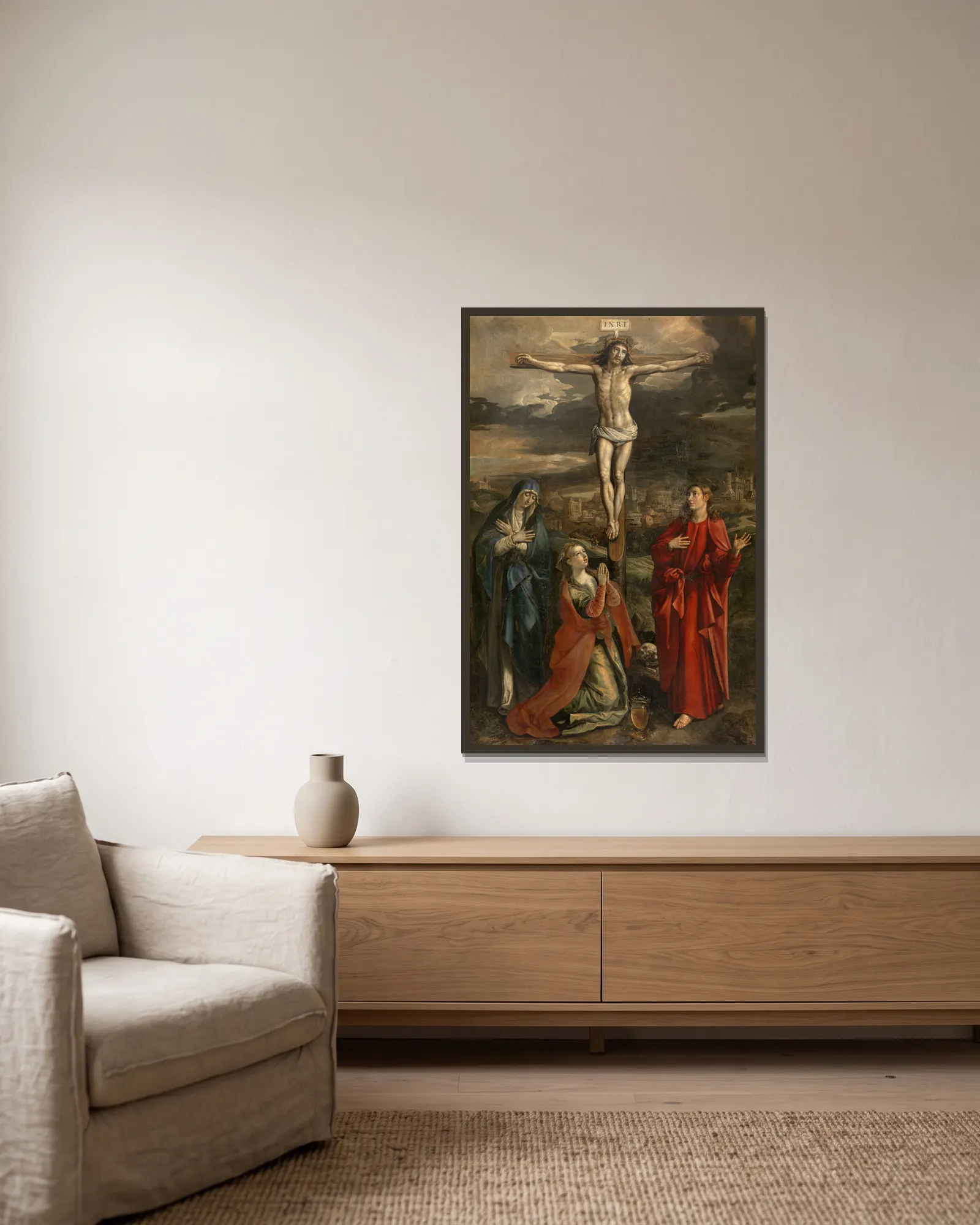 Calvary av Maerten De Vos inramad på en vägg