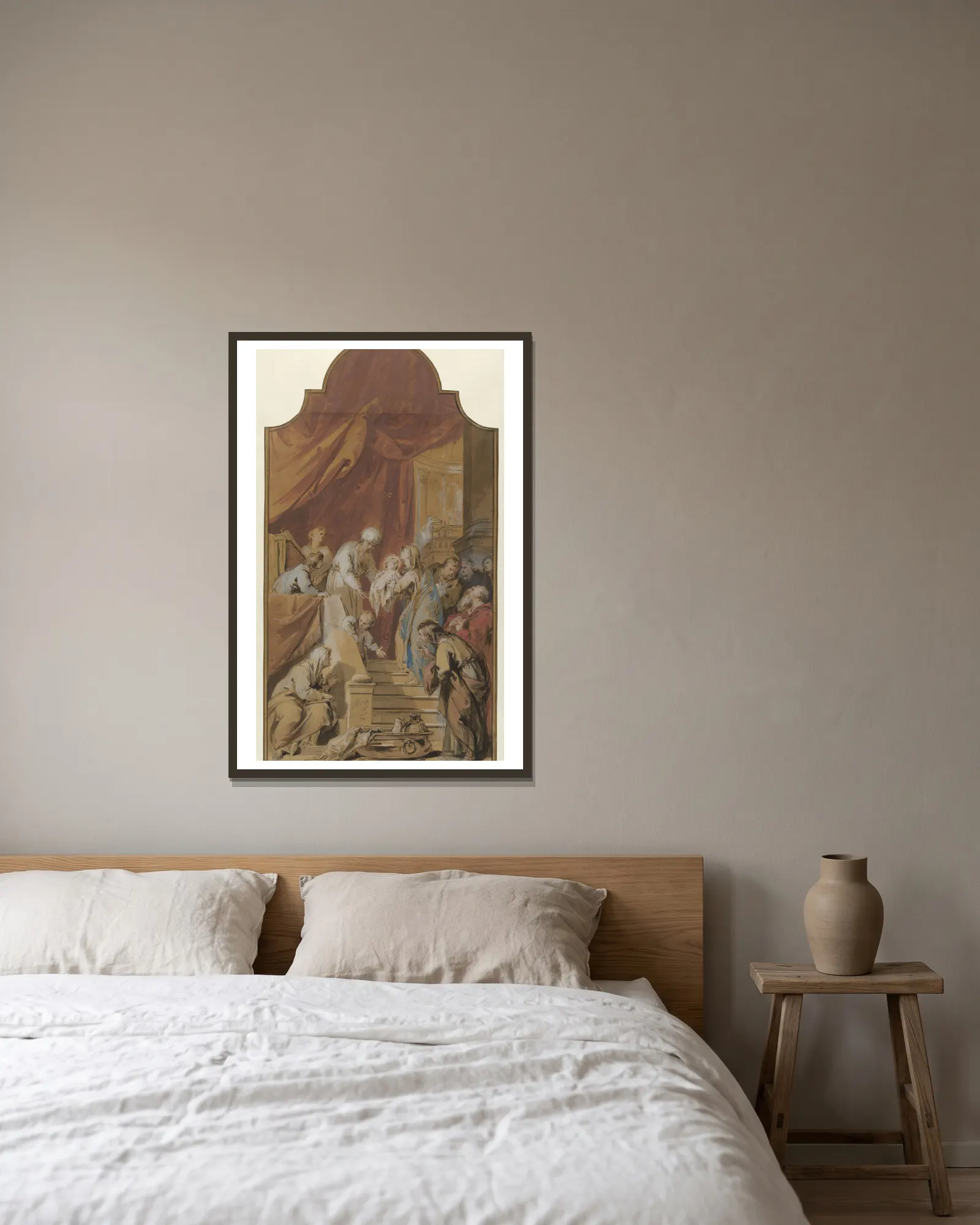 De Opdracht in de tempel av Jacob de Wit inramad på en vägg