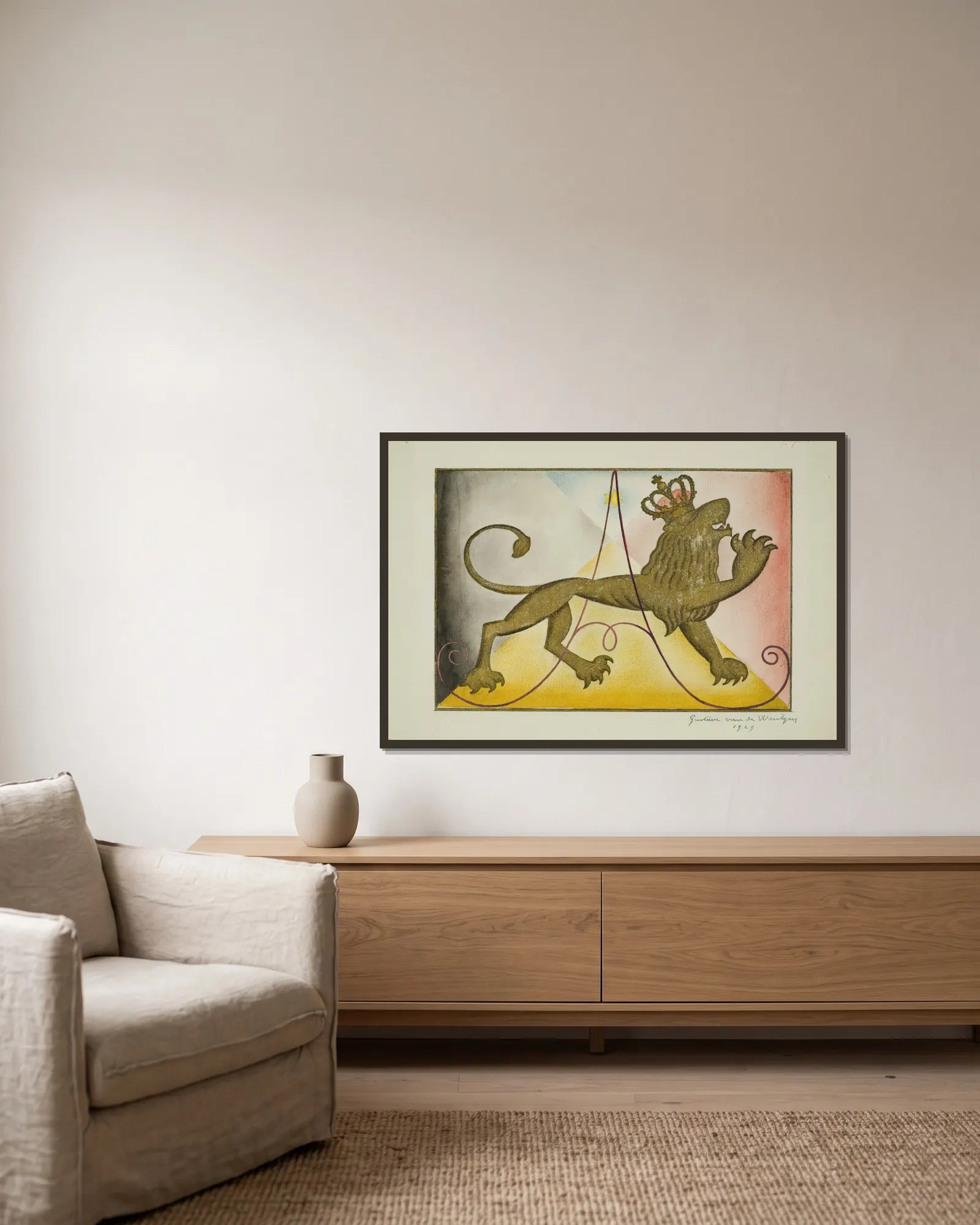 Crowned Lion av Gustave Van de Woestijne inramad på en vägg