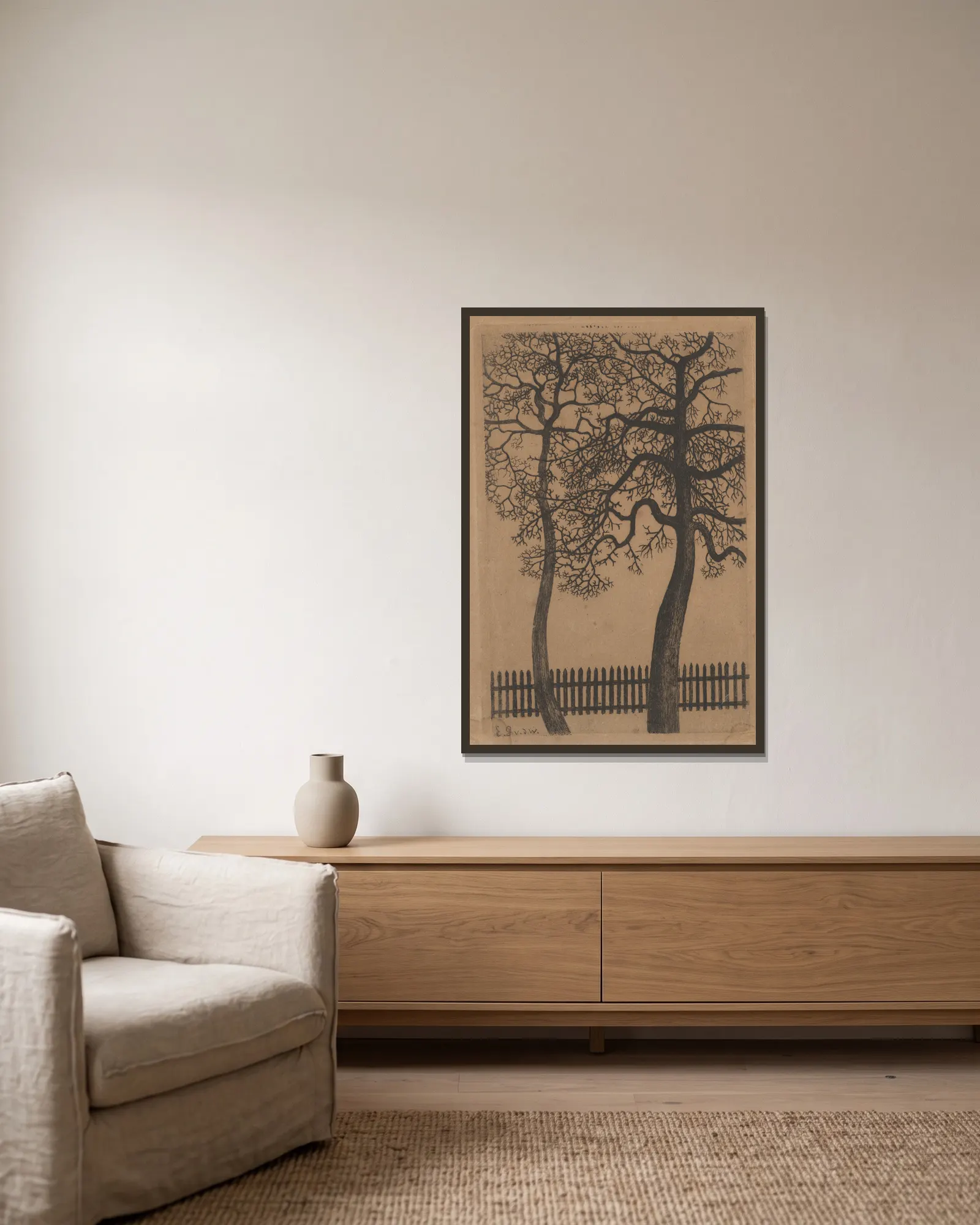 Two Trees (20th century) av Gustave Van de Woestijne inramad på en vägg