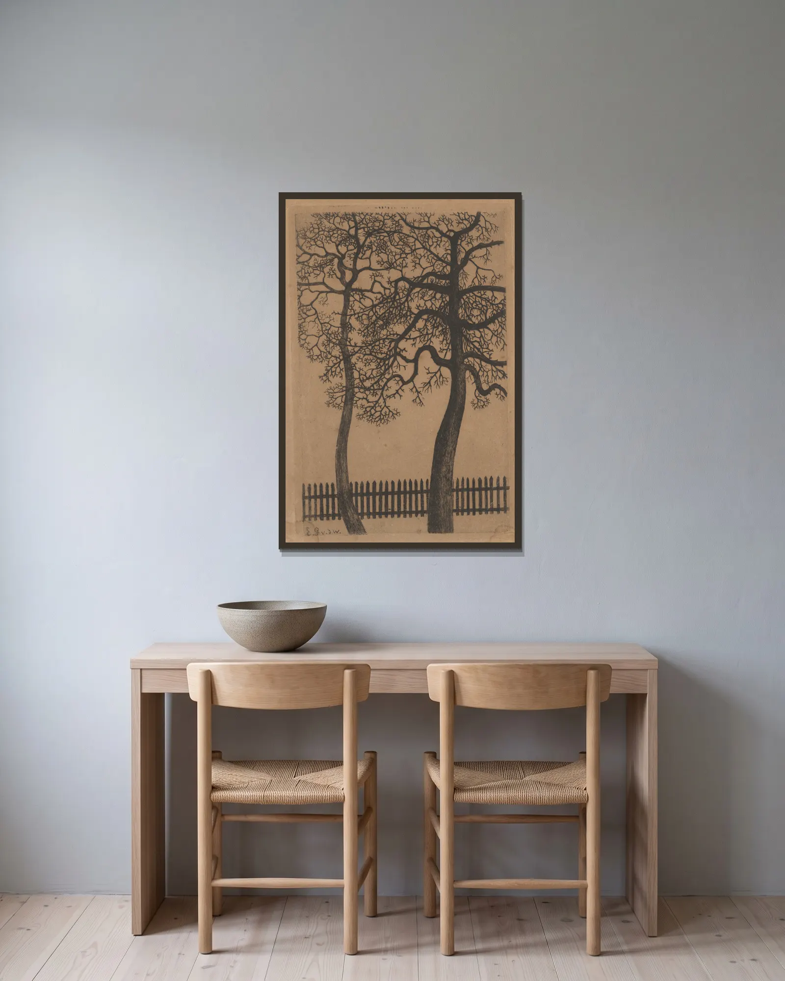 Two Trees (20th century) av Gustave Van de Woestijne inramad på en vägg