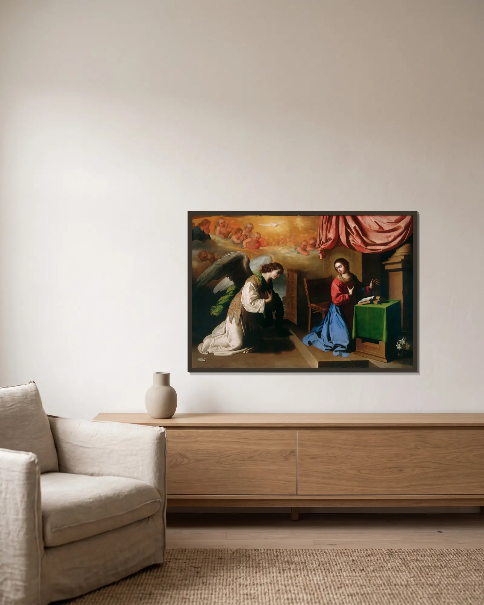 The Annunciation av Francisco de Zurbarán inramad på en vägg