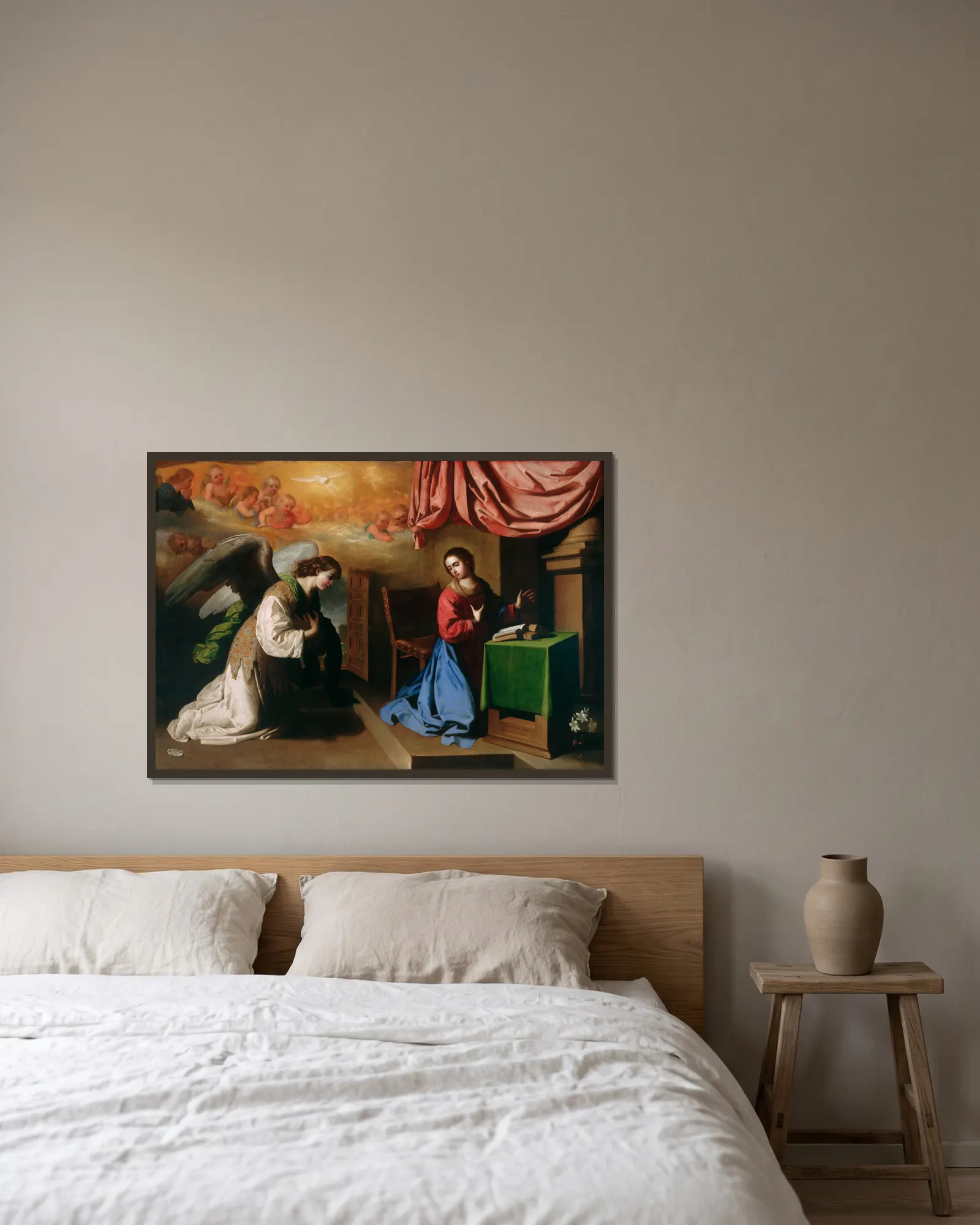 The Annunciation av Francisco de Zurbarán inramad på en vägg