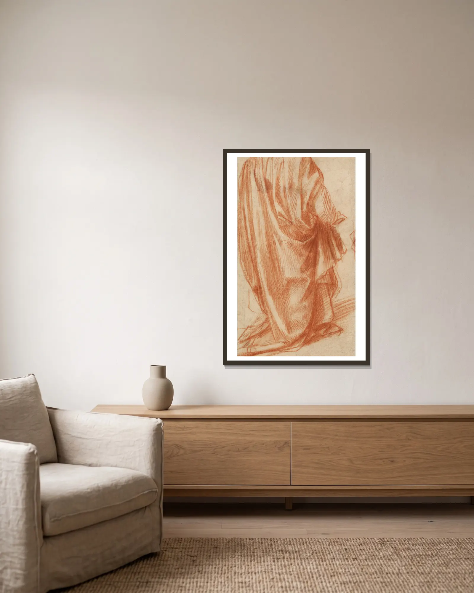 Drapery Study av Andrea del Sarto inramad på en vägg