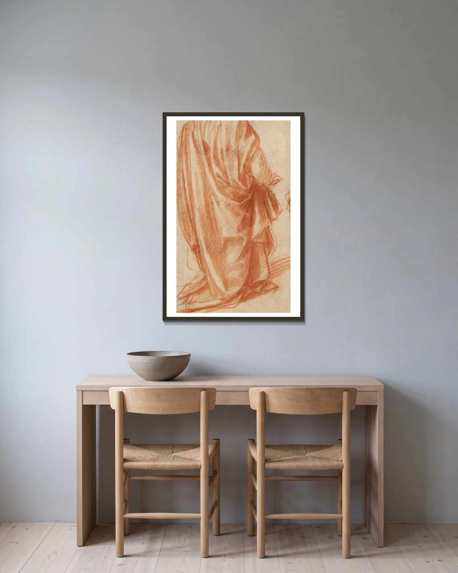 Drapery Study av Andrea del Sarto inramad på en vägg