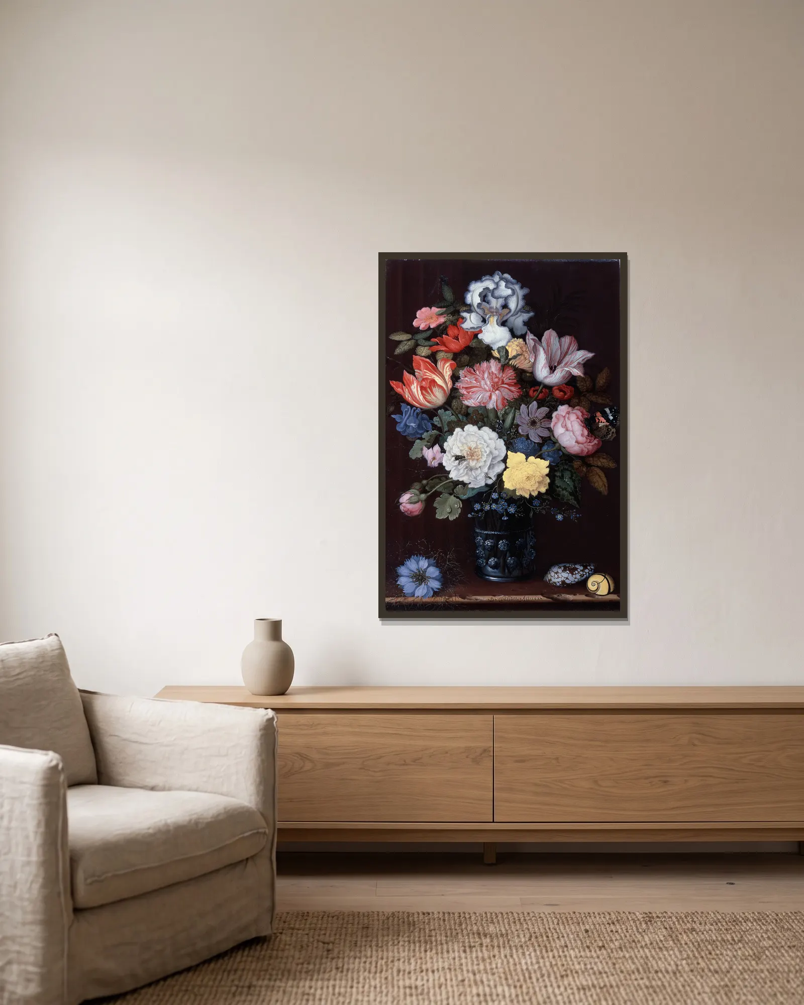 Floral Still Life with Shells av Balthasar van der Ast inramad på en vägg