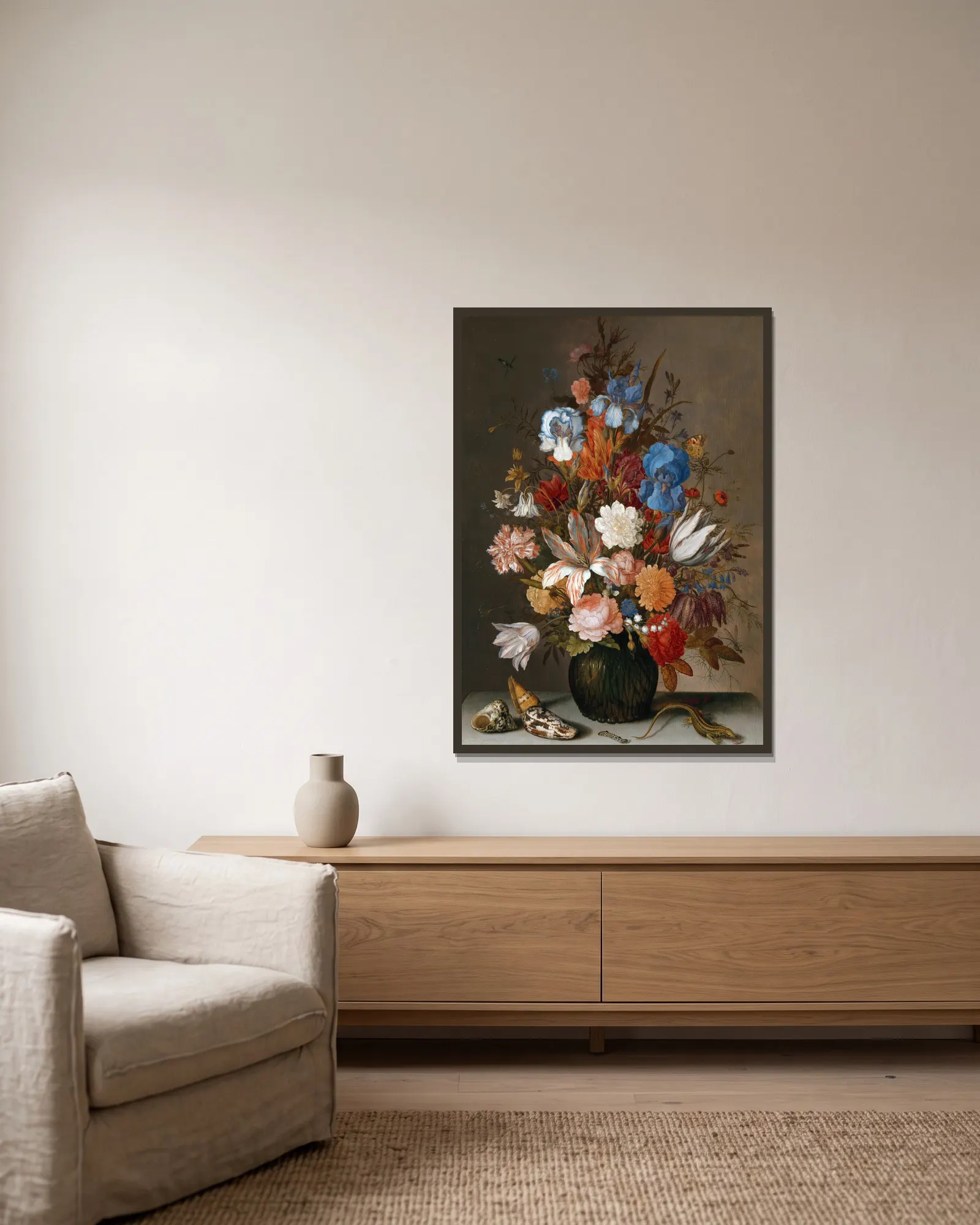 Still Life with Flowers av Balthasar van der Ast inramad på en vägg