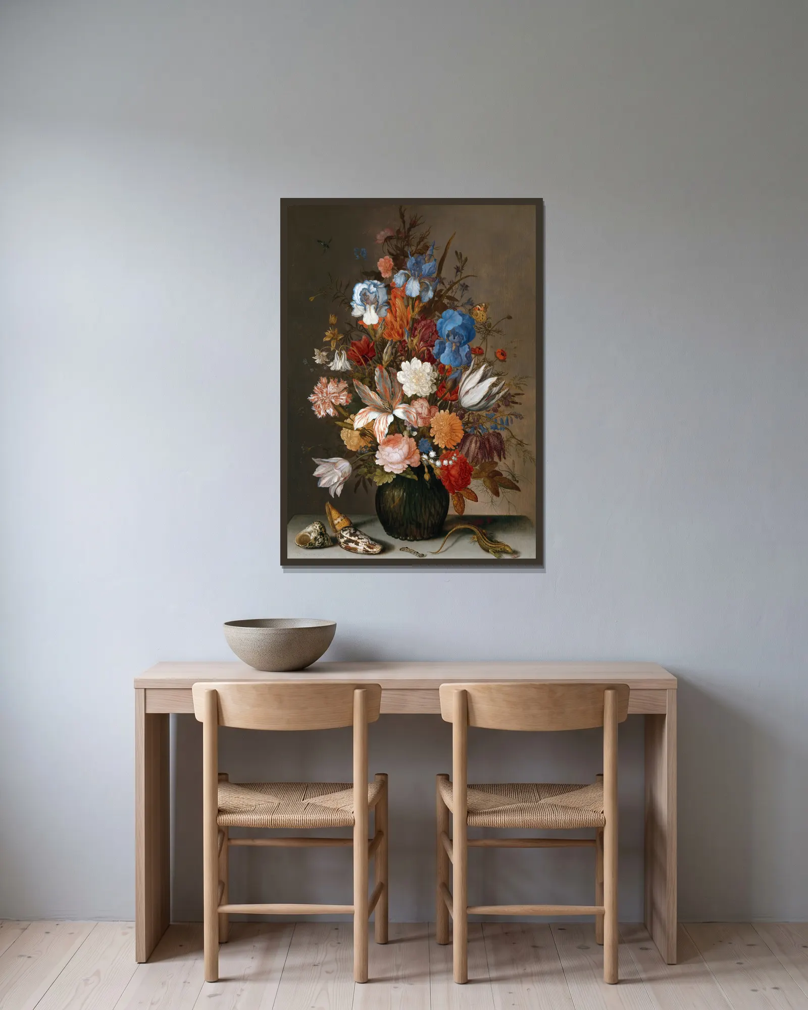 Still Life with Flowers av Balthasar van der Ast inramad på en vägg