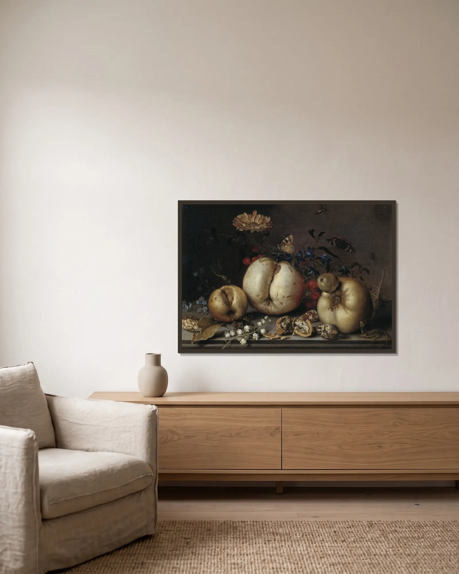 Still Life with Fruit and Shells av Balthasar van der Ast inramad på en vägg