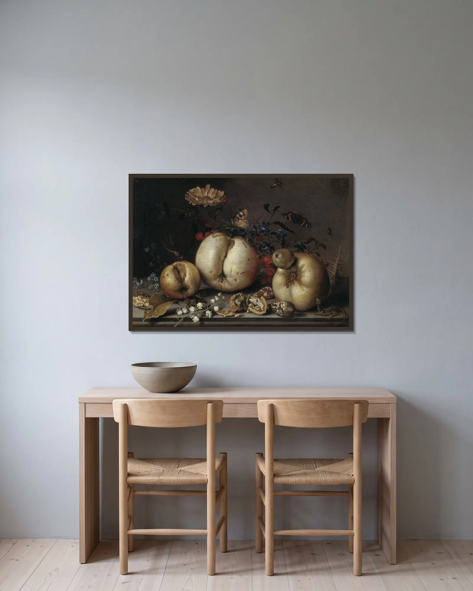 Still Life with Fruit and Shells av Balthasar van der Ast inramad på en vägg