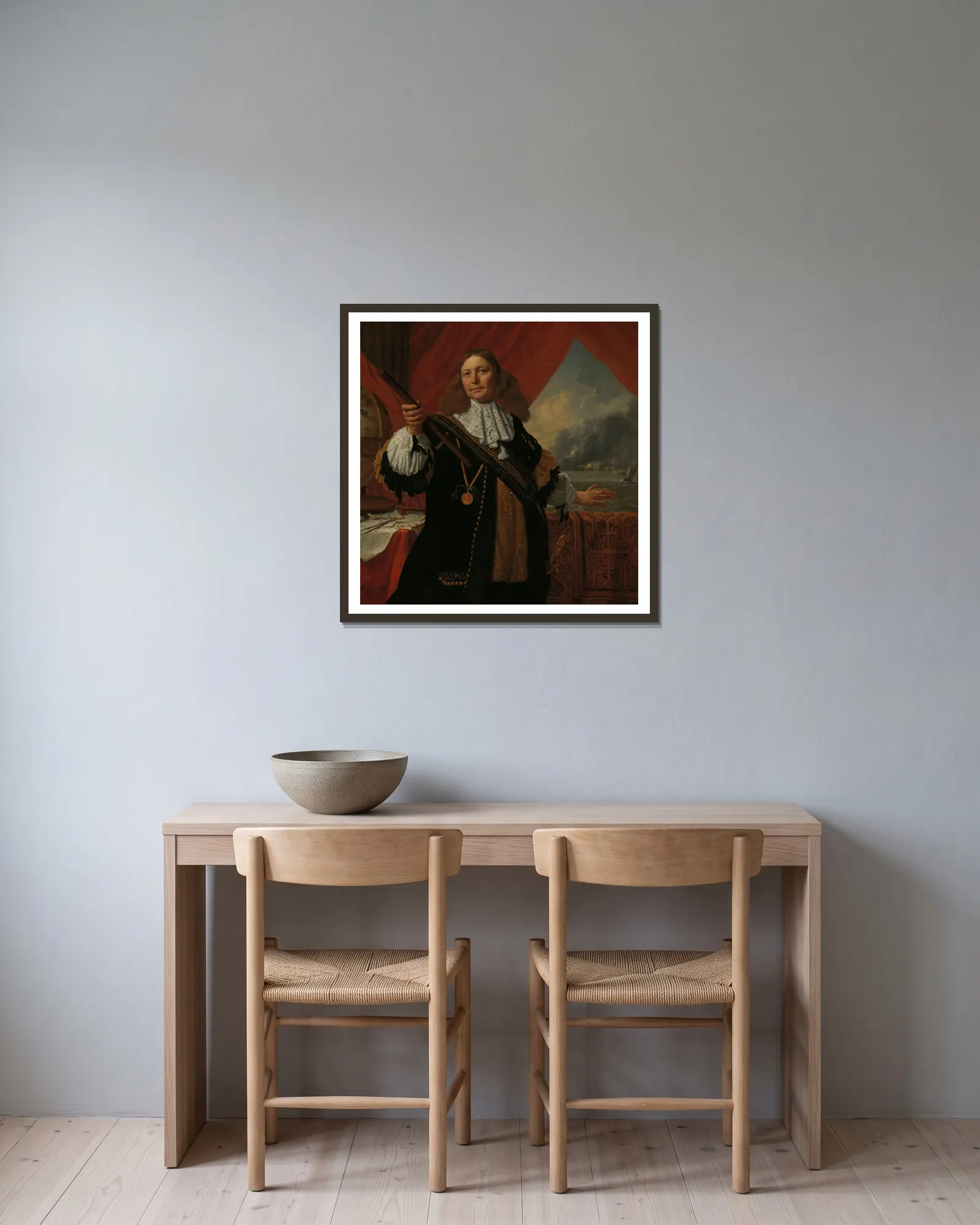 Johan de Liefde (ca. 1619-73), Vice-Admiral av Bartholomeus van der Helst inramad på en vägg