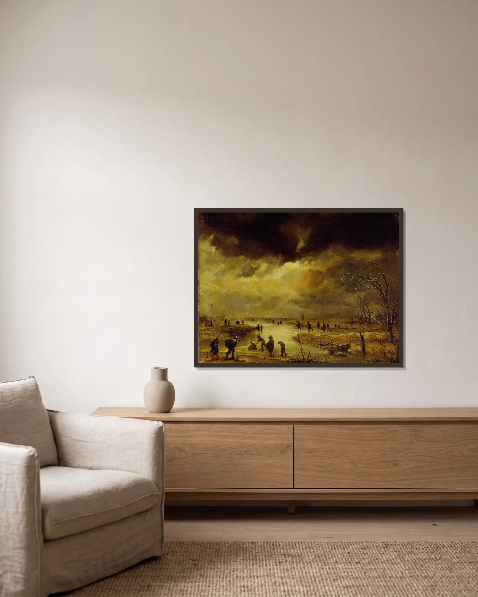 A Winter Scene av Aert van der Neer inramad på en vägg