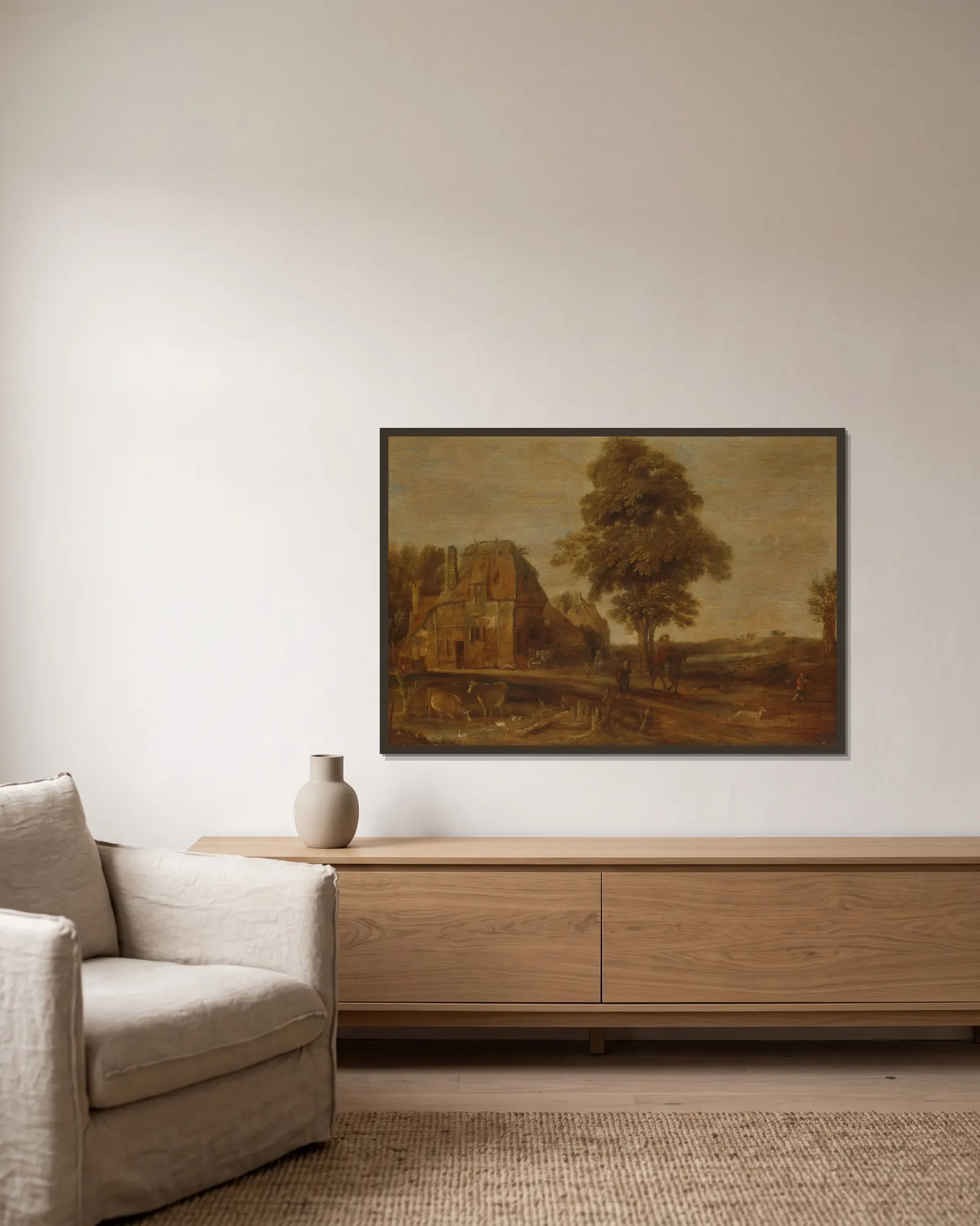 Landscape with an Inn av Aert van der Neer inramad på en vägg