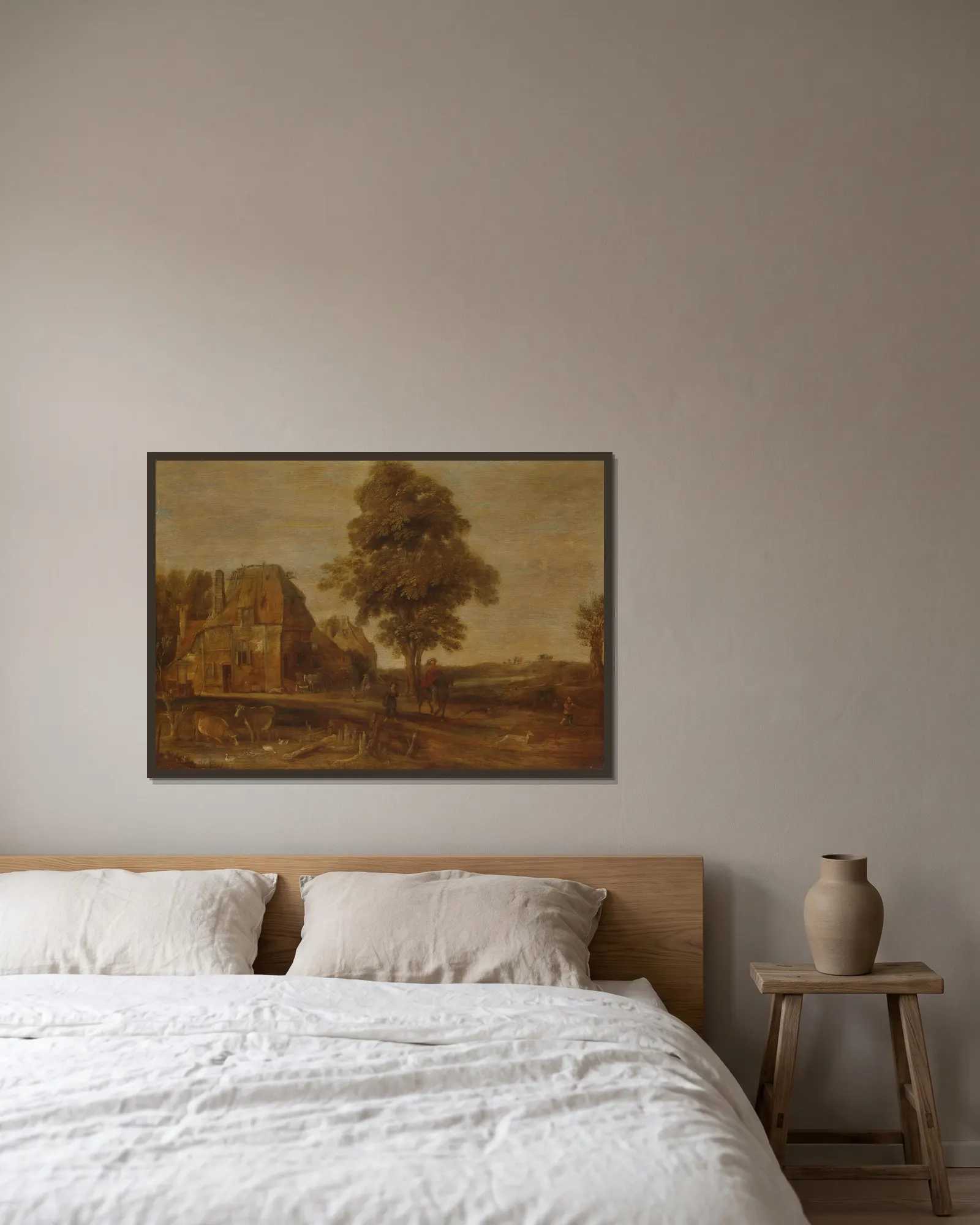 Landscape with an Inn av Aert van der Neer inramad på en vägg