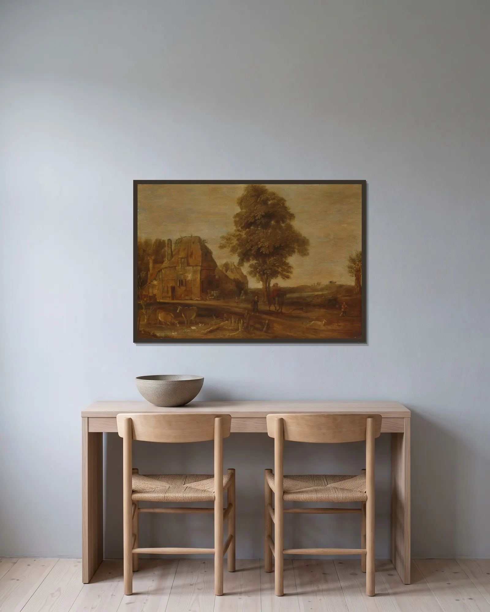 Landscape with an Inn av Aert van der Neer inramad på en vägg