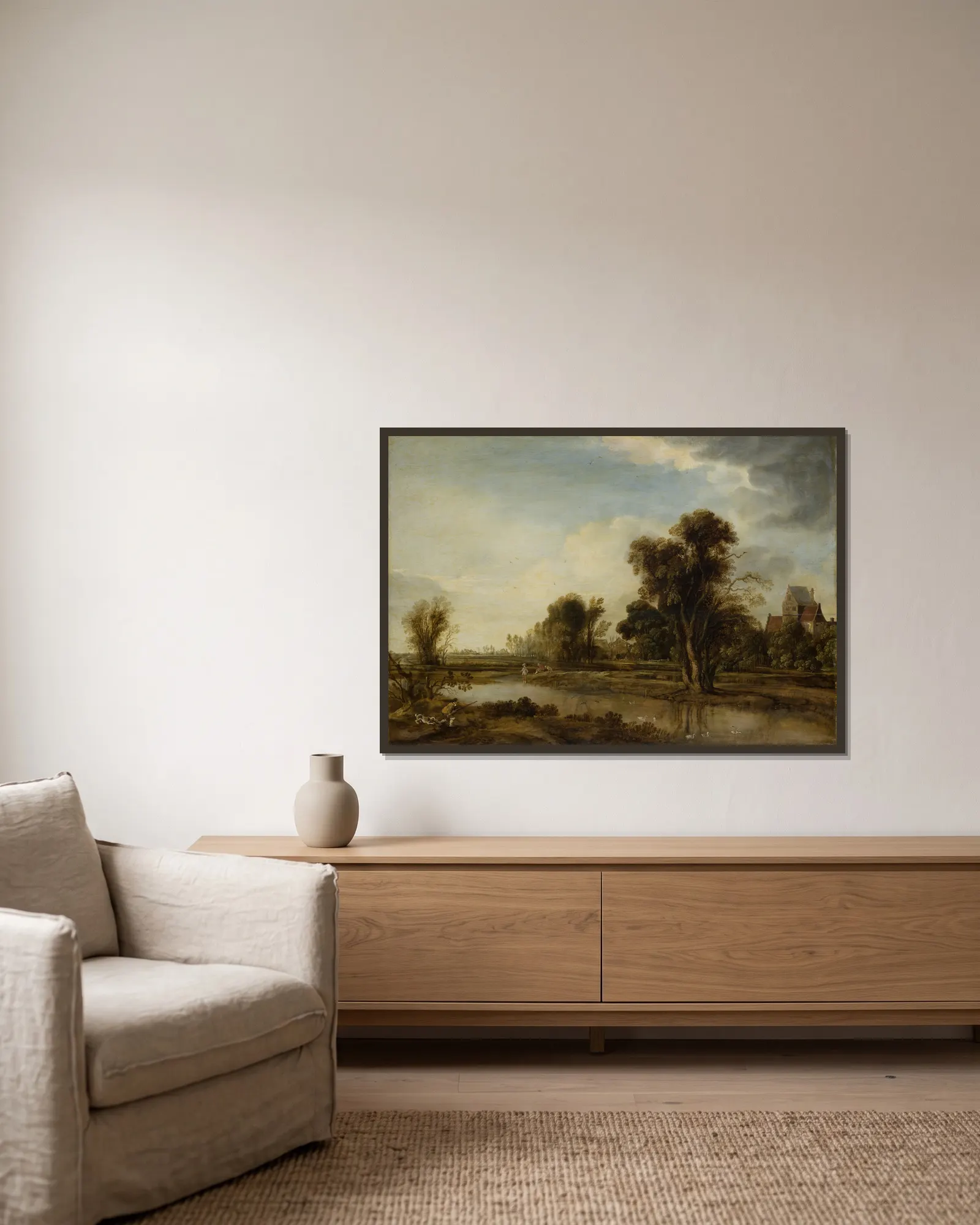 Village Pond av Aert van der Neer inramad på en vägg