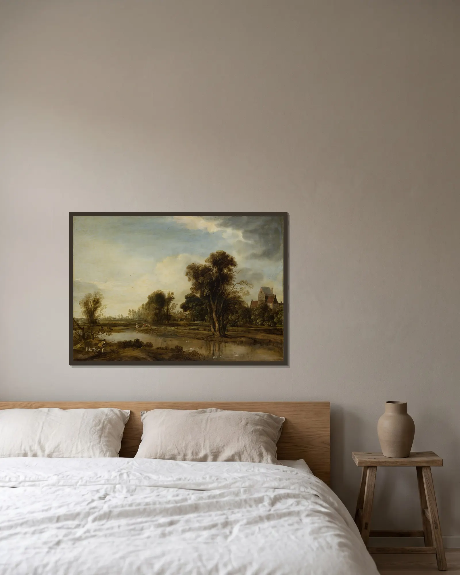 Village Pond av Aert van der Neer inramad på en vägg