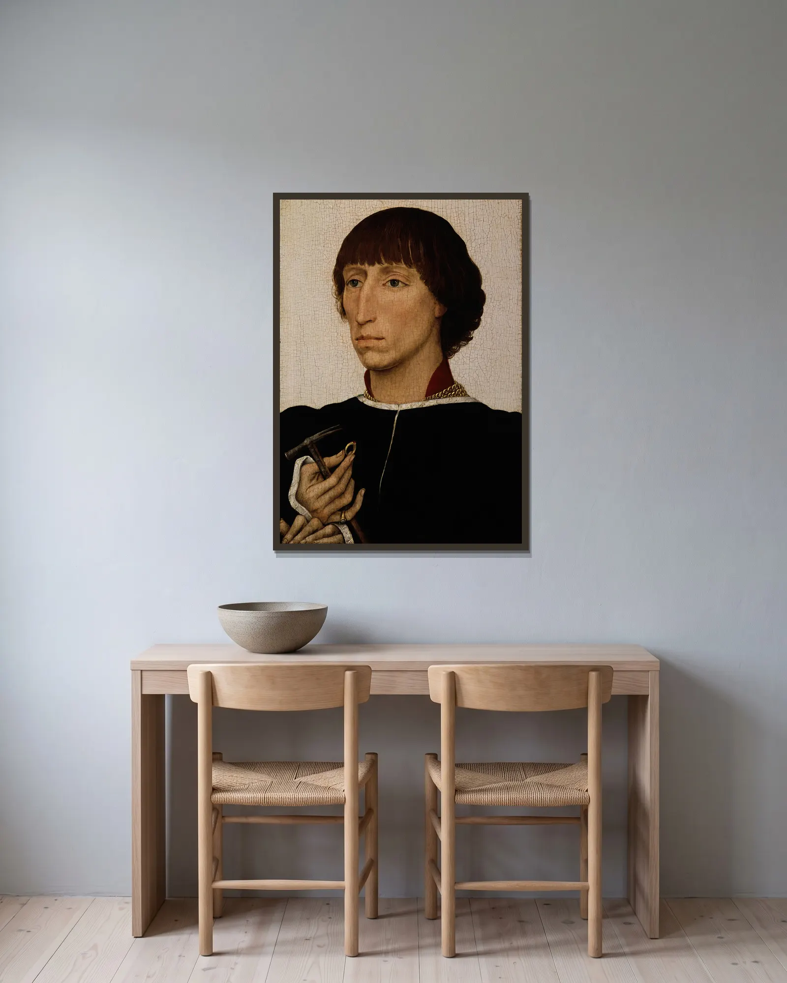 Francesco d’Este (born about 1429, died after July 20, 1486) av Rogier van der Weyden inramad på en vägg