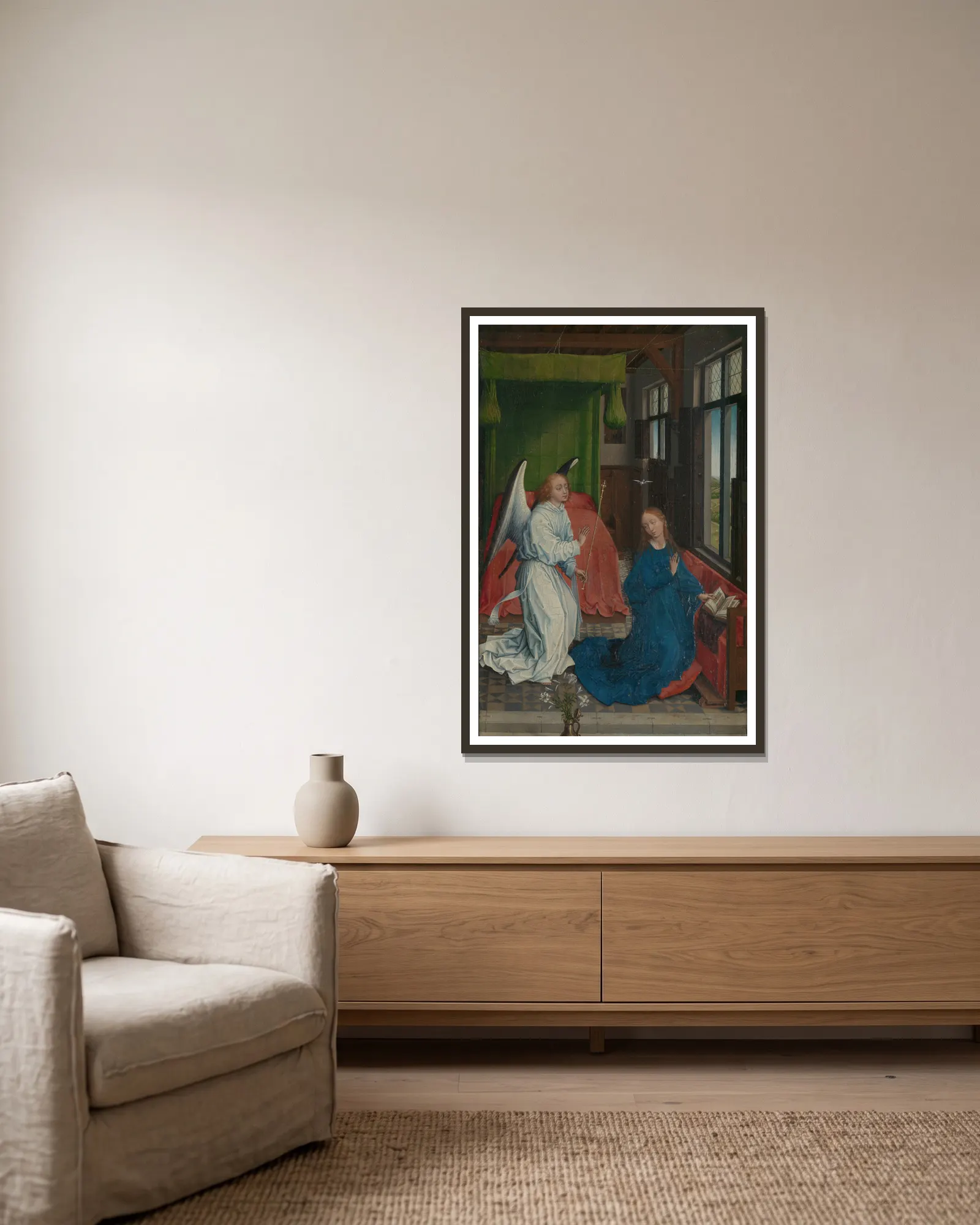 The Annunciation av Rogier van der Weyden inramad på en vägg