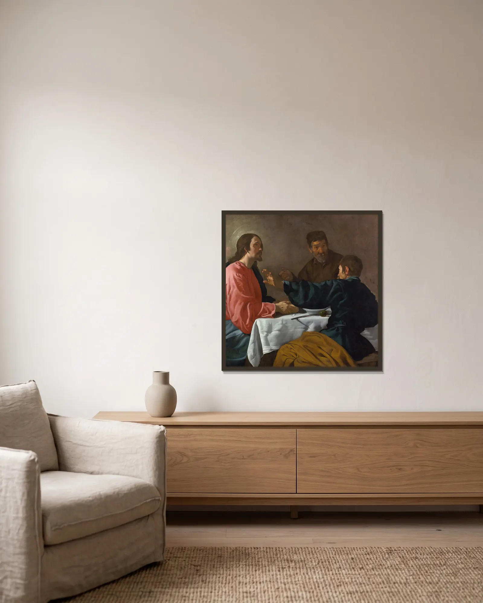 The Supper at Emmaus av Diego Velázquez inramad på en vägg