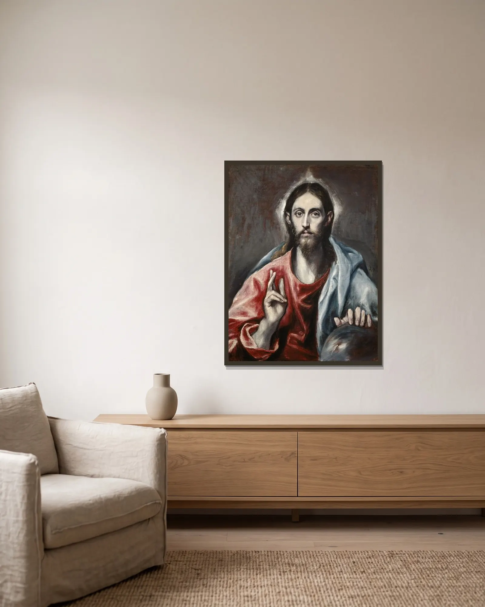 Christ Blessing (‘the Saviour Of The World’) av El Greco (Domenikos Theotokopoulos) inramad på en vägg