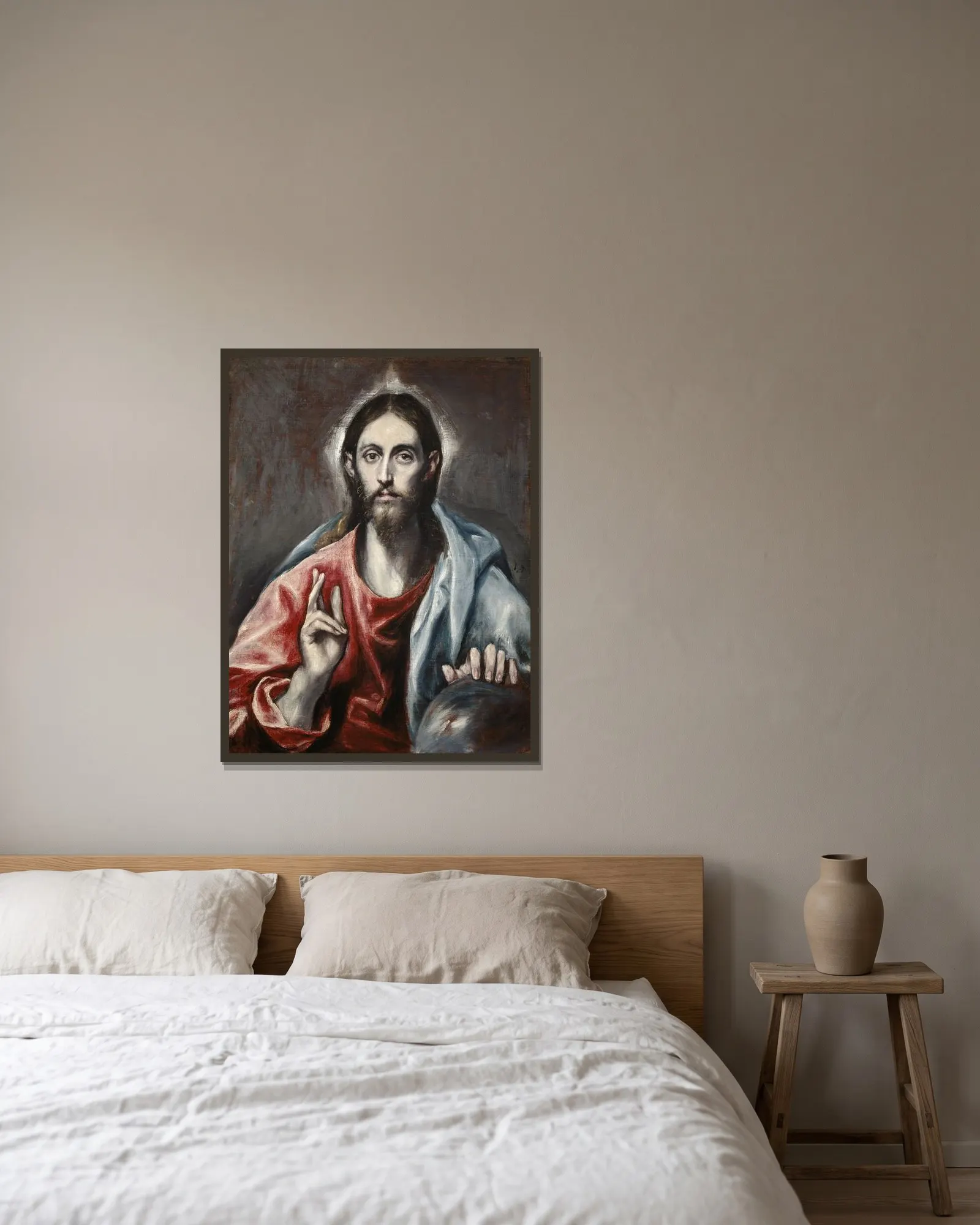 Christ Blessing (‘the Saviour Of The World’) av El Greco (Domenikos Theotokopoulos) inramad på en vägg