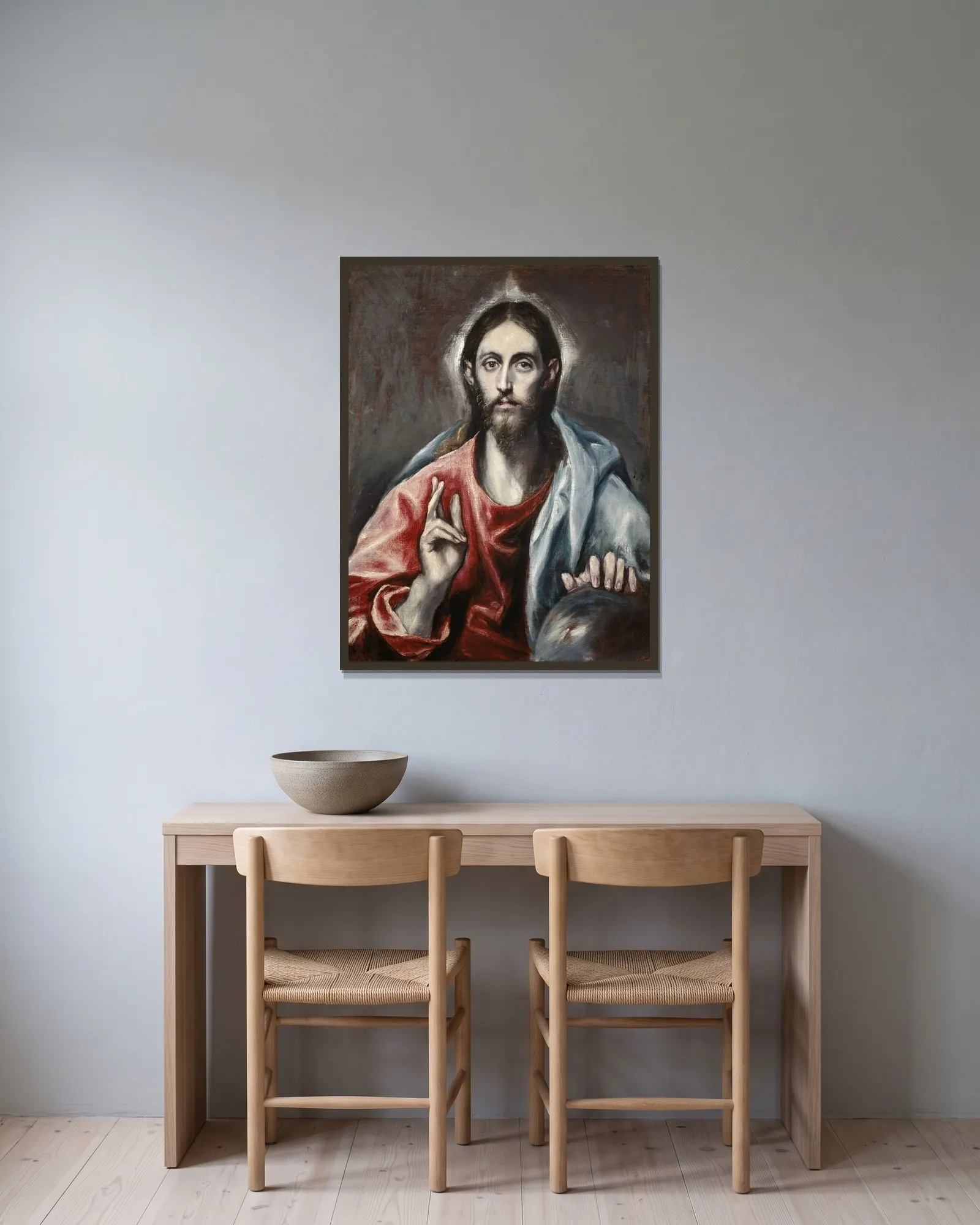 Christ Blessing (‘the Saviour Of The World’) av El Greco (Domenikos Theotokopoulos) inramad på en vägg