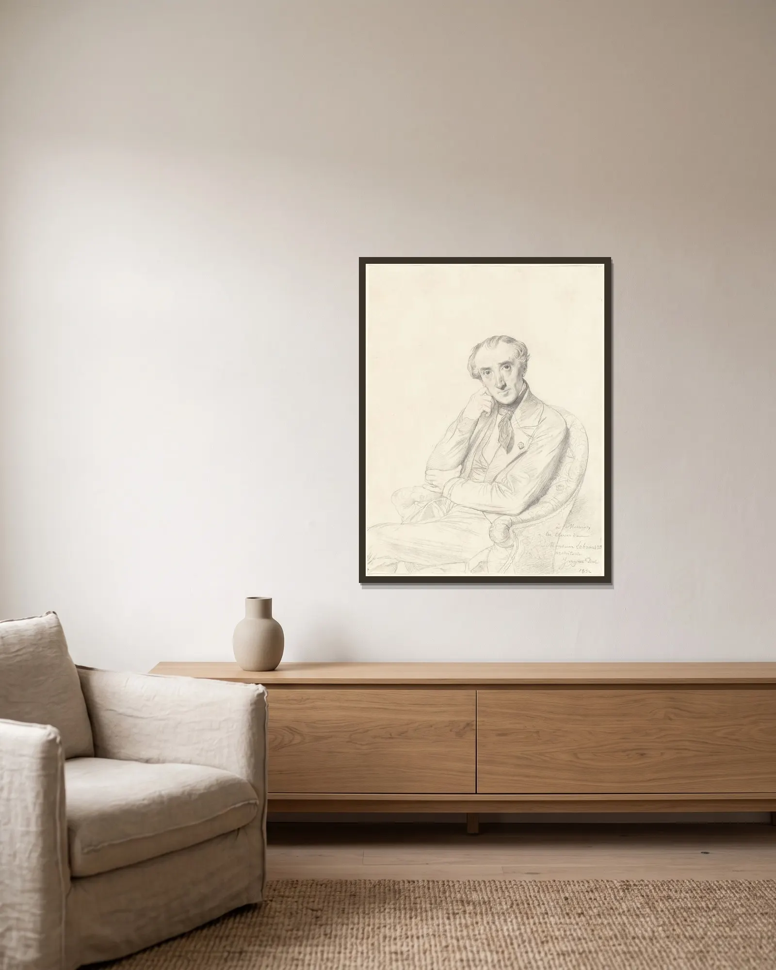 Henri Labrouste av Jean Auguste Dominique Ingres inramad på en vägg