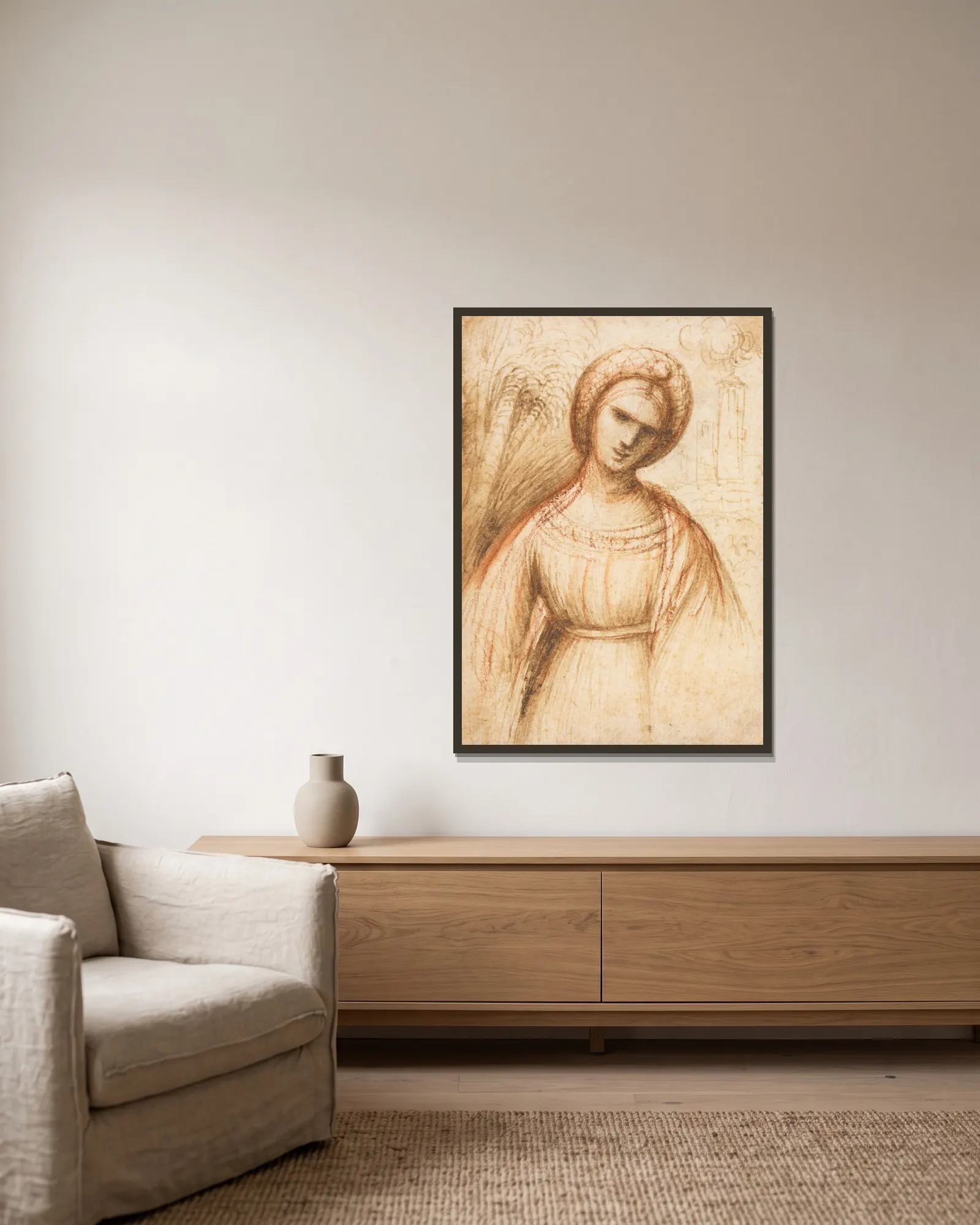 Lady in a Landscape (recto) av Dosso Dossi inramad på en vägg