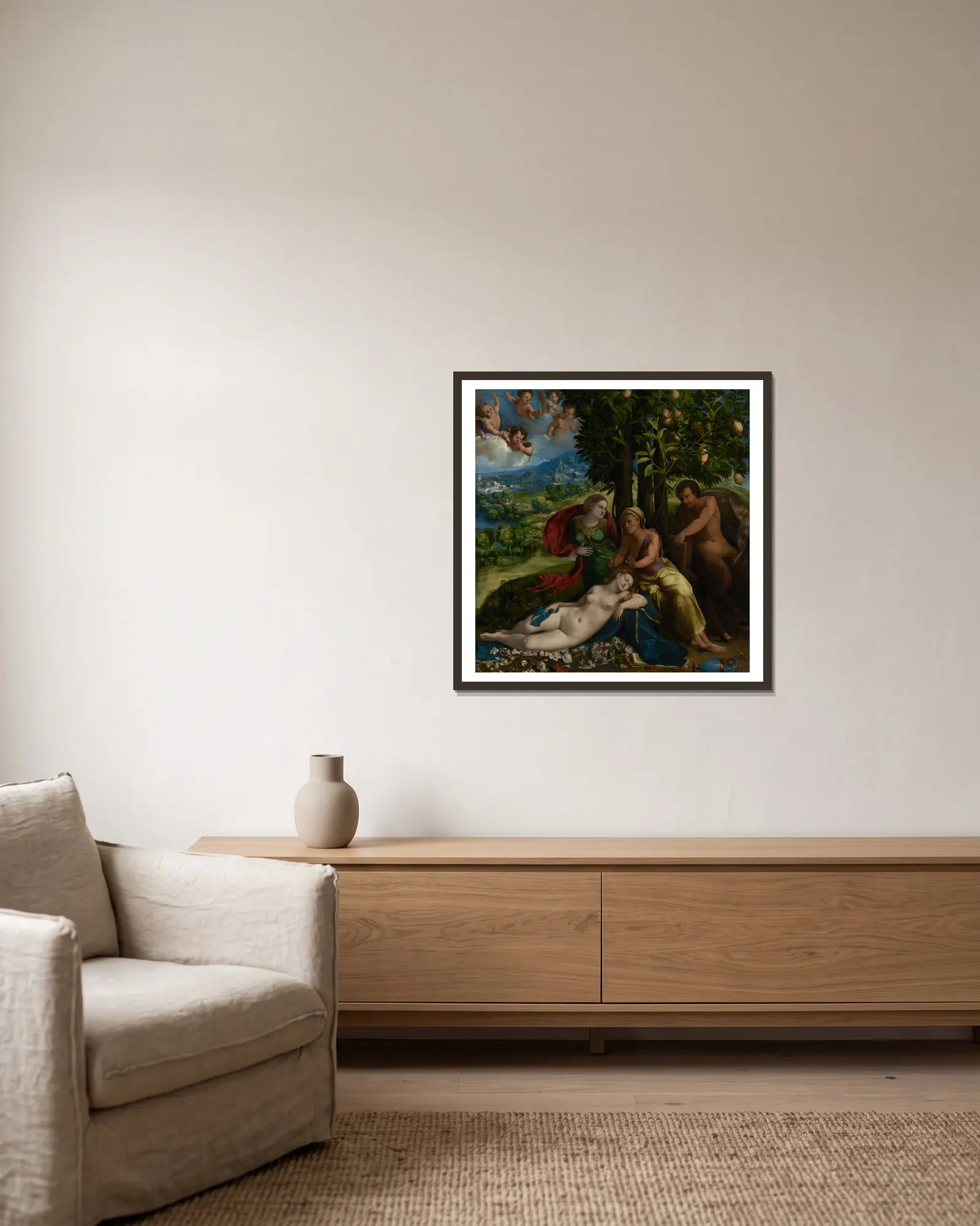 Mythological Scene av Dosso Dossi inramad på en vägg
