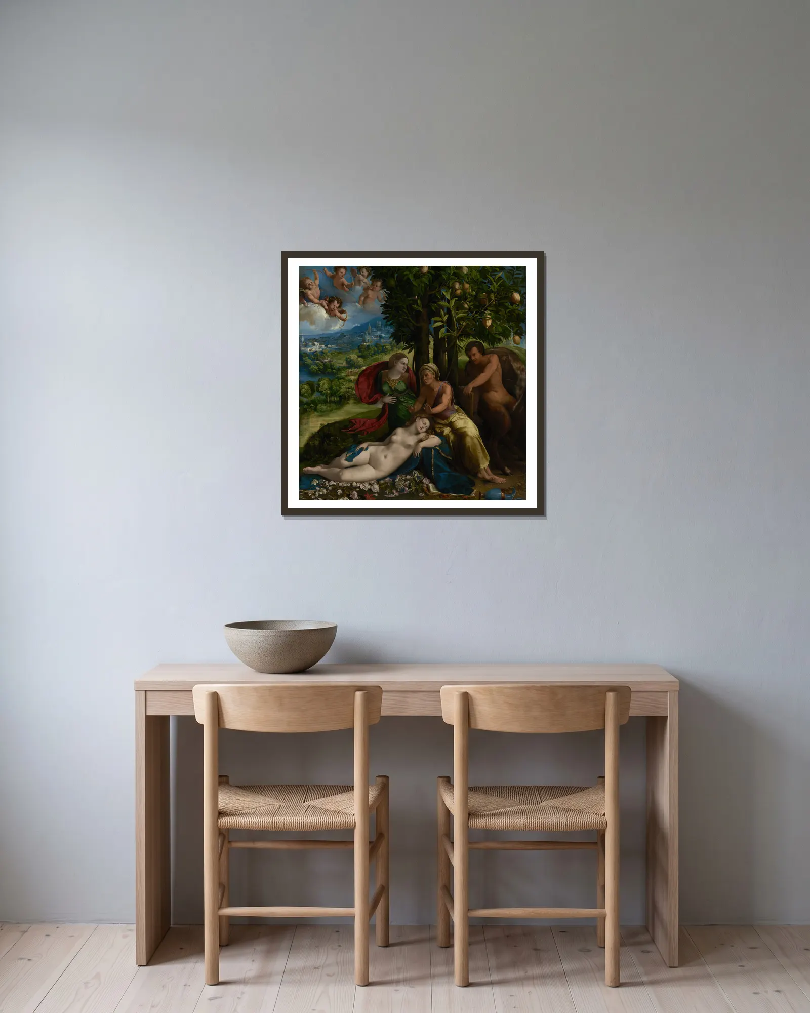 Mythological Scene av Dosso Dossi inramad på en vägg
