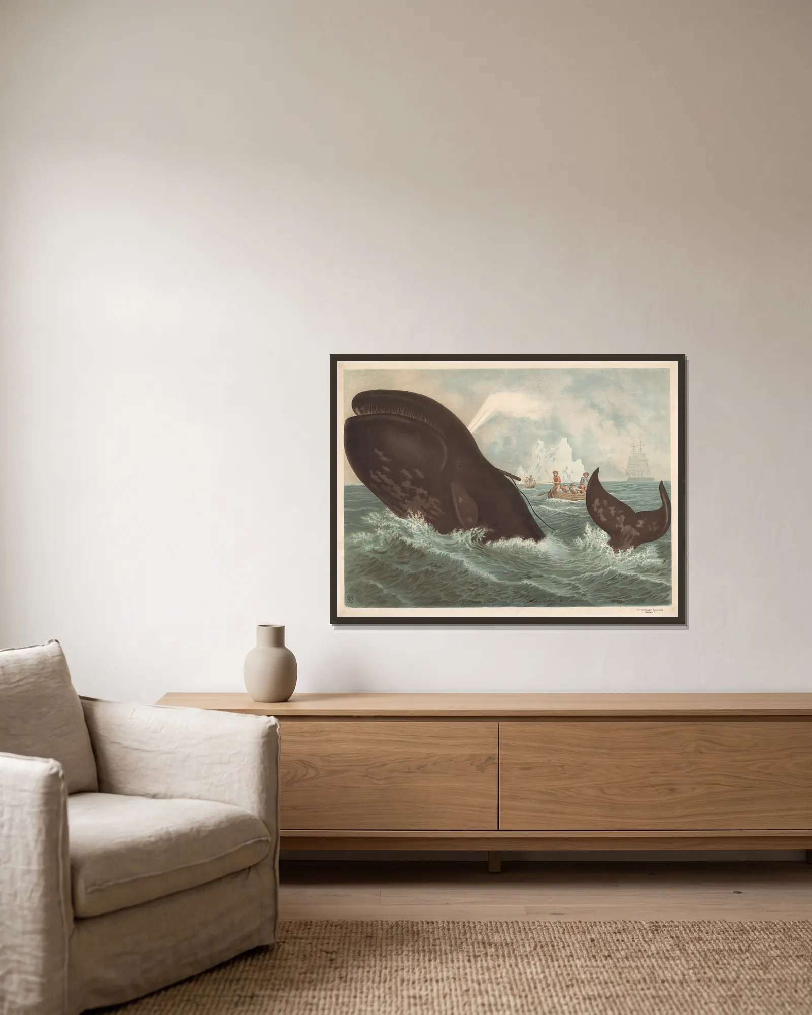 Bowhead whale av F. E. Wachsmuth inramad på en vägg