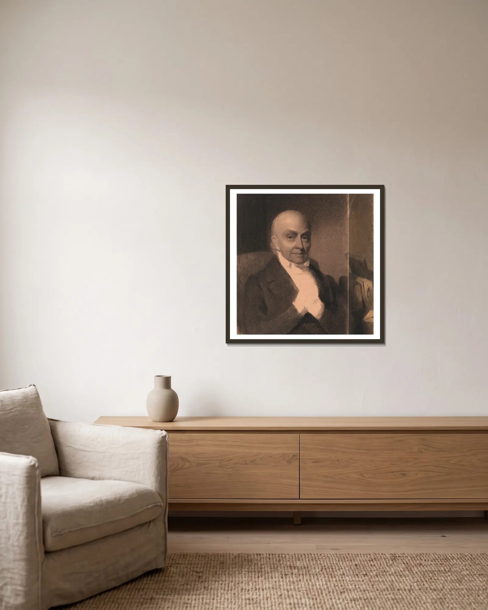 John Quincy Adams av Eastman Johnson inramad på en vägg