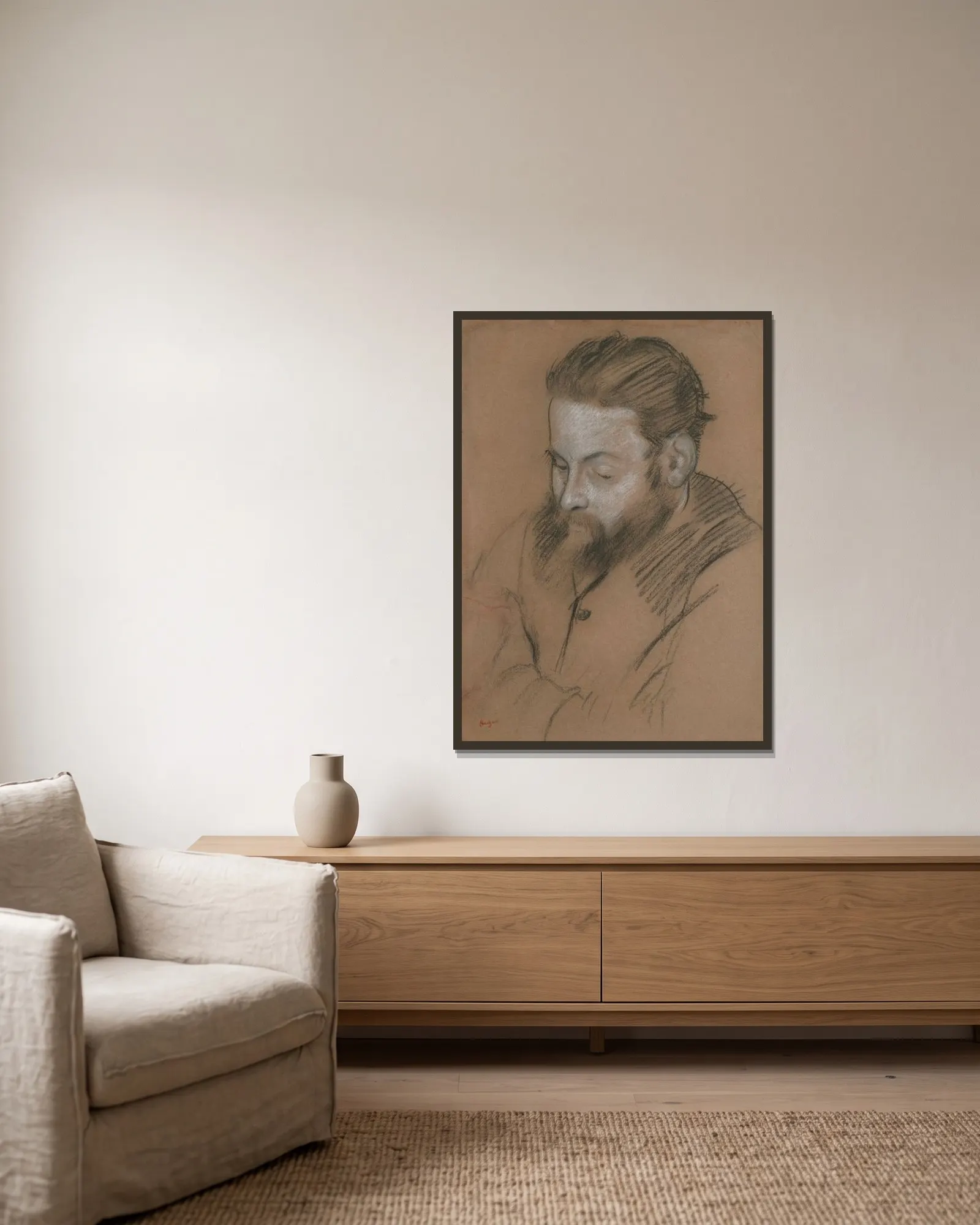 Diego Martelli av Edgar Degas inramad på en vägg