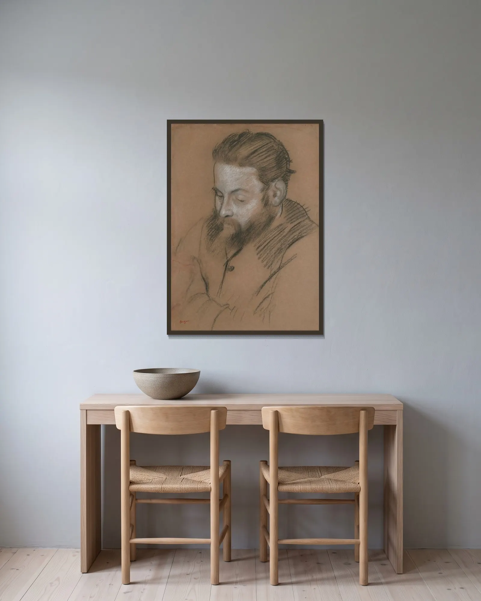Diego Martelli av Edgar Degas inramad på en vägg