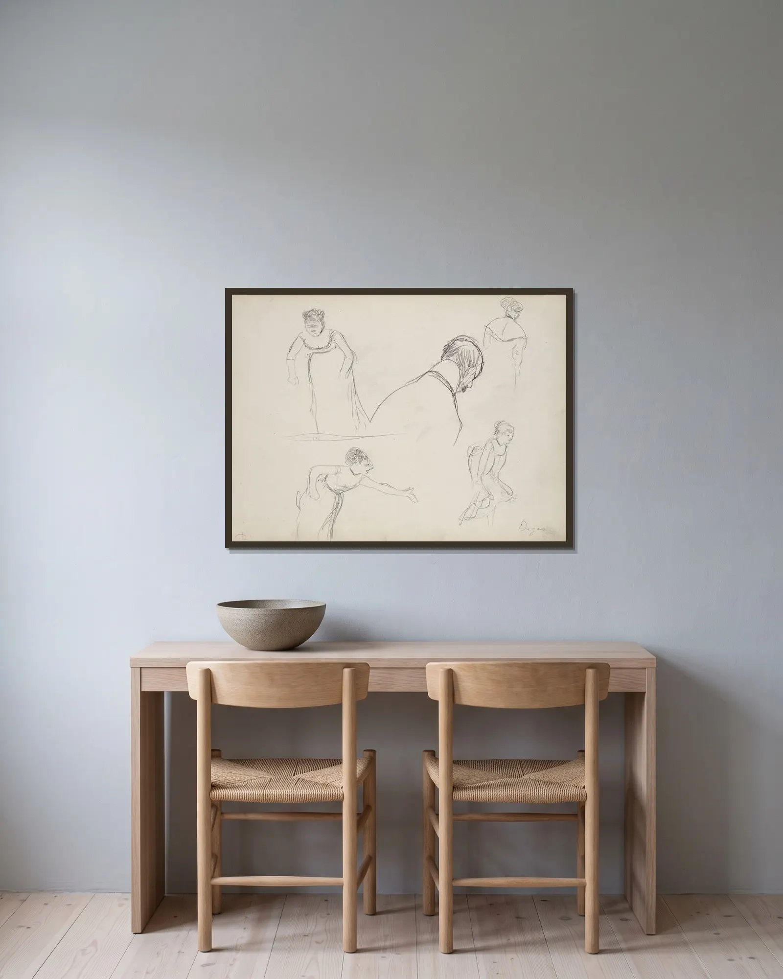 Five Rapid Sketches av Edgar Degas inramad på en vägg